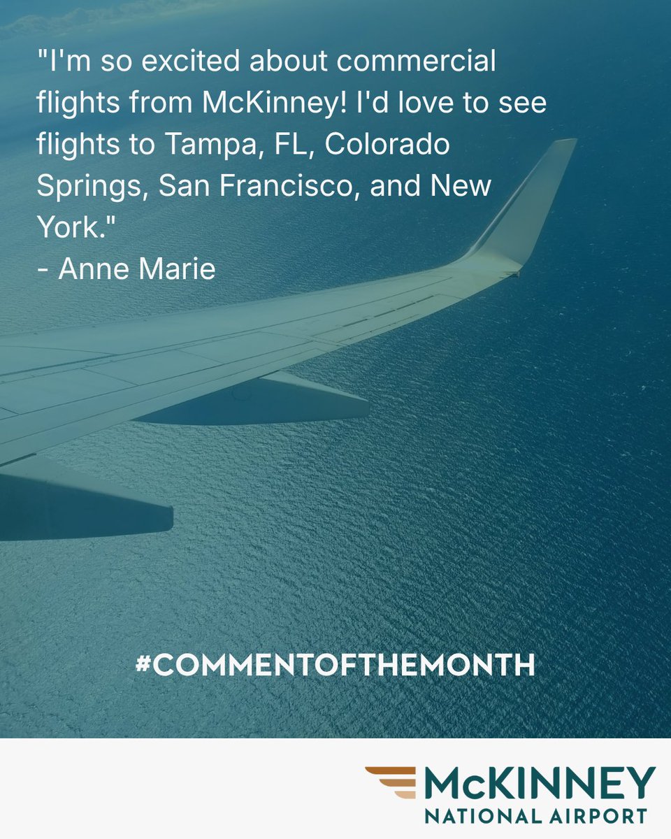 flytki's tweet photo. #CommentOfTheMonth ✈️
Anne Marie is excited for commercial service at McKinney National Airport and has her sights set on Tampa, Colorado Springs, San Francisco &amp; New York.
Where would you like to fly? Share your ideas on our website! 🌟
https://t.co/niBeO0tvXH
#NorthTexasTravel https://t.co/0WrpXiSzCY