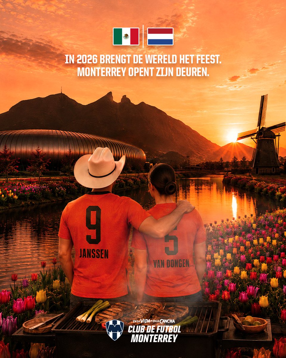 Rayados's tweet photo. Donde florecen los tulipanes y donde se encienden los asadores... el futbol siempre encuentra un hogar. ⚽

¡Bienvenidos a Monterrey, Países Bajos! 🇳🇱🤝🇲🇽 #MTY26 https://t.co/ChluPbXeN7