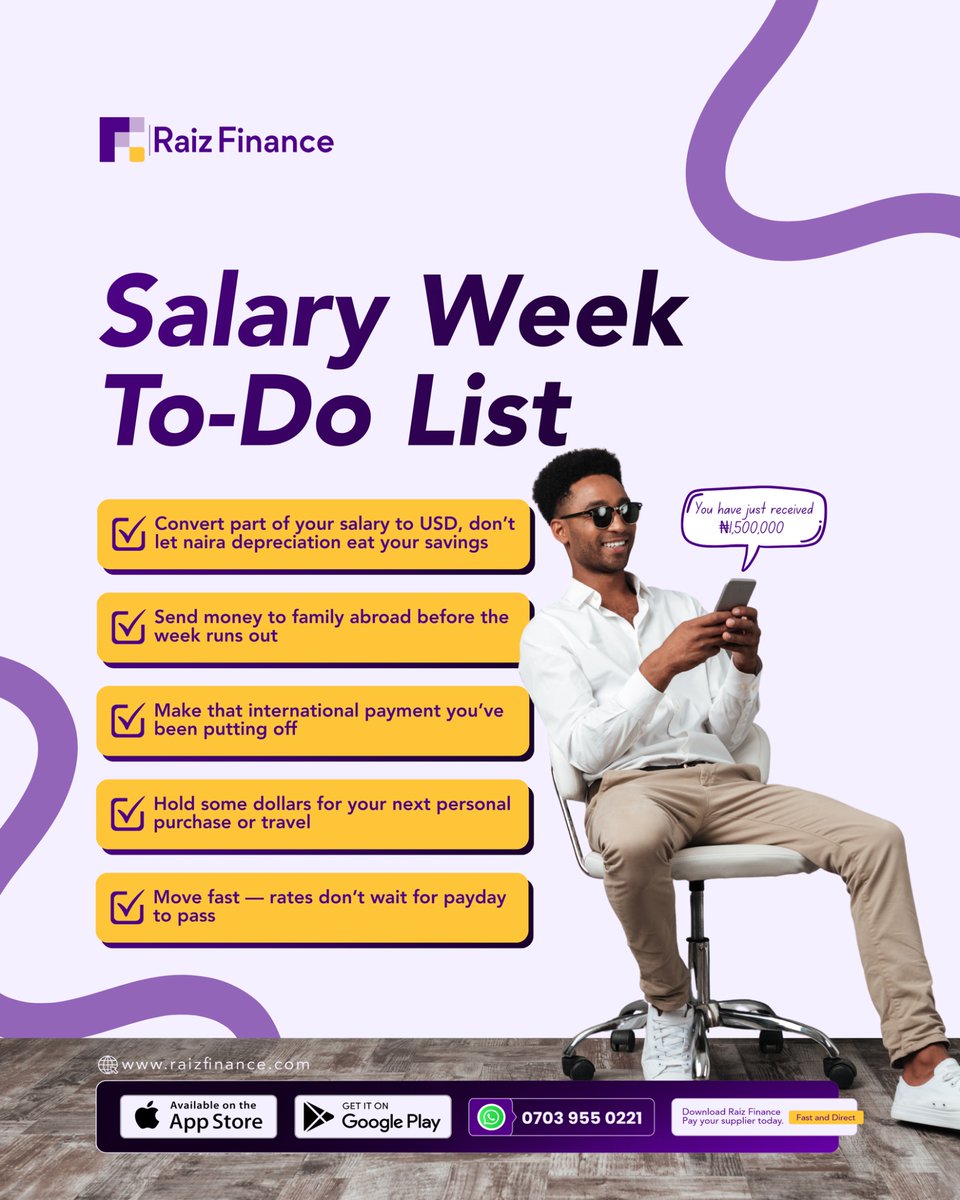 RaizFinance's tweet photo. As you prepare your To-Do List for the new month, don't forget to make one for your salary.
Use Raiz Finance to protect your naira from FX volatility.
#RaizFinance #foreignexchange #todolist #moneymanagement #salaryweek #investment https://t.co/ykb73MVFcR
