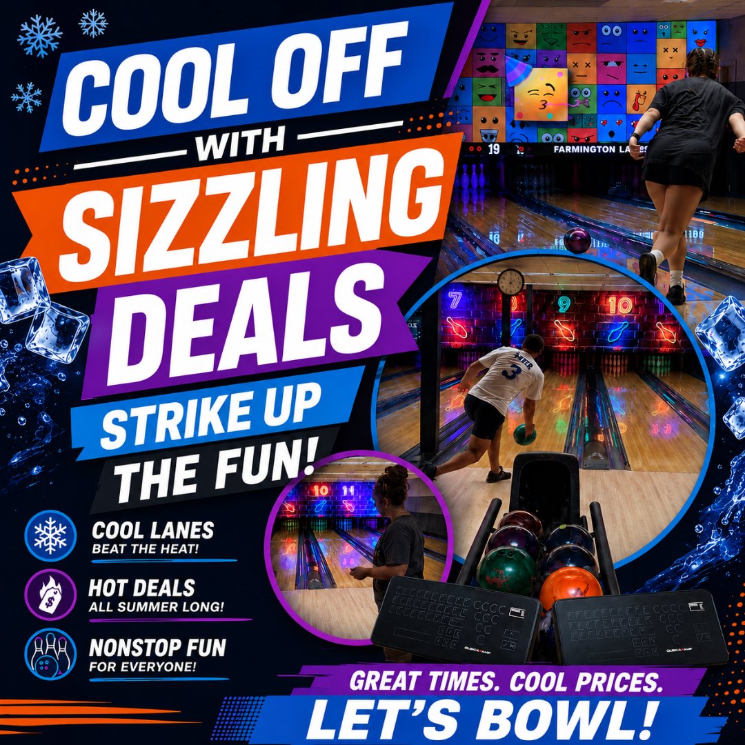 FarmingtonLanes's tweet photo. 1.5 hours of bowling + shoes for ONLY $9.99/person Mon–Thur (must start by 7 PM).

Then roll into the weekend with our $4 Fourth Special
Fri–Sun → 2 hours of bowling for just $4/person

PLUS:
Summer Passes are NOW $25 per person! Enjoy 4 games + shoes EVERY DAY until Labor Day. https://t.co/AKb9lJAYnP
