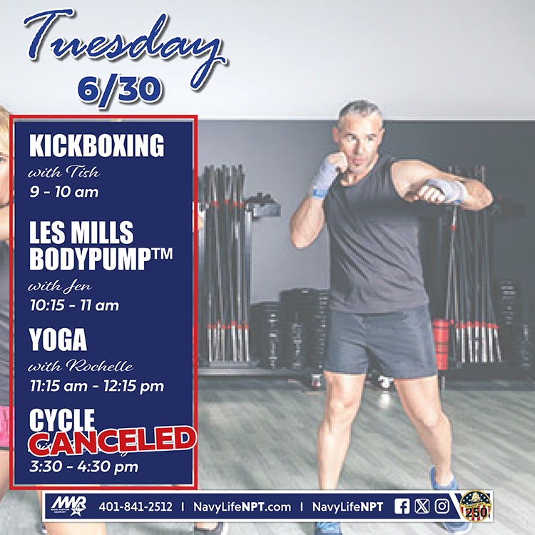NavyLifeNPT's tweet photo. Tuesday's group fitness classes at the John H. Chafee Fitness Center

Kickboxing 9 - 10 am 
Les Mills BODYPUMP™ 10:15 - 11 am 
Yoga 11:15 am - 12:15 pm 
Cycle  3:30 - 4:30 pm  - CANCELED

Pool: 6 am- 2 pm Adult (18+) Lap Swim

#NAVSTANPTMWR #NavyLifeNPT #GroupFitness https://t.co/QRWJJLCM4w