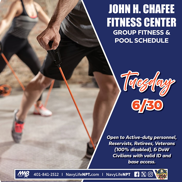 NavyLifeNPT's tweet photo. Tuesday's group fitness classes at the John H. Chafee Fitness Center

Kickboxing 9 - 10 am 
Les Mills BODYPUMP™ 10:15 - 11 am 
Yoga 11:15 am - 12:15 pm 
Cycle  3:30 - 4:30 pm  - CANCELED

Pool: 6 am- 2 pm Adult (18+) Lap Swim

#NAVSTANPTMWR #NavyLifeNPT #GroupFitness https://t.co/QRWJJLCM4w