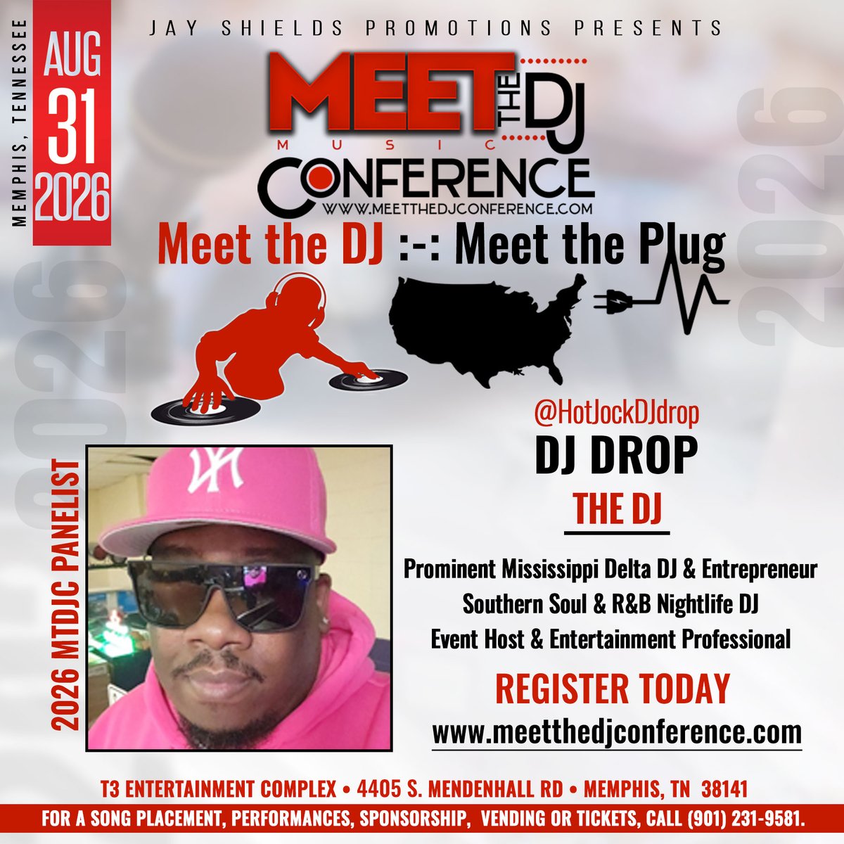 JayShieldsCEO's tweet photo. 🎧 Meet the DJ: DJ Drop @HotJockDJdrop

🔥 Southern Soul &amp; R&amp;B Nightlife DJ

🎙️ Mississippi Delta DJ &amp; Entertainment Professional

📅 Aug. 31, 2026

📍 T3 Entertainment Complex | Memphis, TN

https://t.co/a4jkllerFP
https://t.co/EgkW8oQvrw
#MeetTheDJConference #MTDJC #Networking https://t.co/kbMHm8mqaP