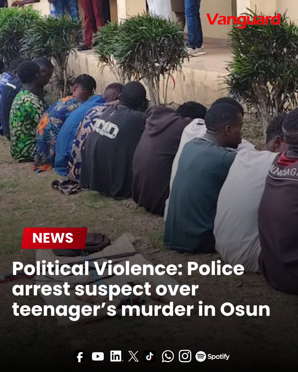 vanguardngrnews's tweet photo. The Osun State Police Command has arrested Kareem Saheed, popularly known as “Tanfiani,” over the alleged murder of 14-year-old Olapade Ezekiel during a political clash in Ilobu, Irepodun Local Government Area of the state.

https://t.co/l6nanY6FmF https://t.co/bb7iO7f9ay