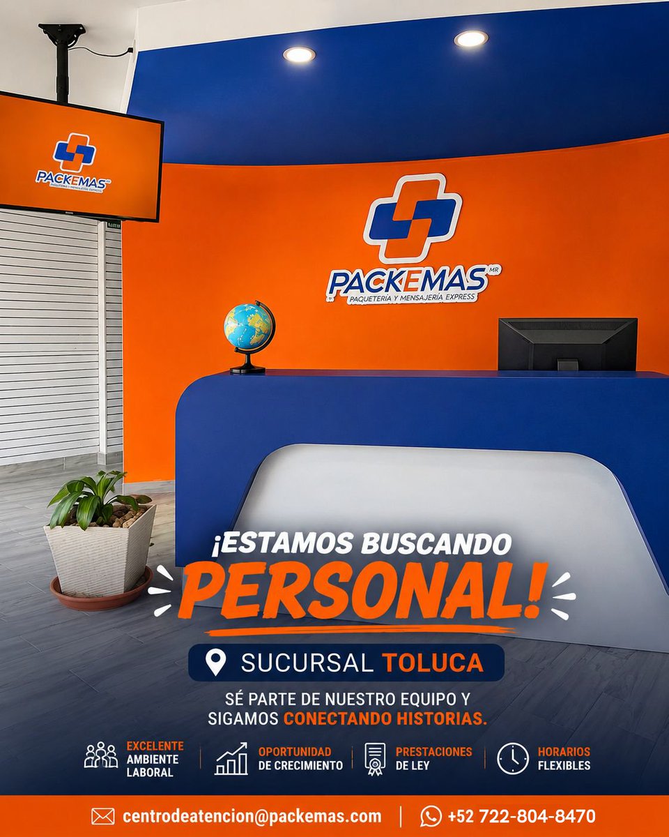 _PACKEMAS_'s tweet photo. 📦 ¡Estamos buscando personal para nuestra Sucursal Toluca!

Si buscas una oportunidad para crecer y formar parte de un gran equipo, esta vacante es para ti.

📞 +52 724 688 0060
📩 centrodeatencion@packemas.com
#PACKEMAS #VacanteToluca #EmpleoToluca https://t.co/aXLwEV4J8Z