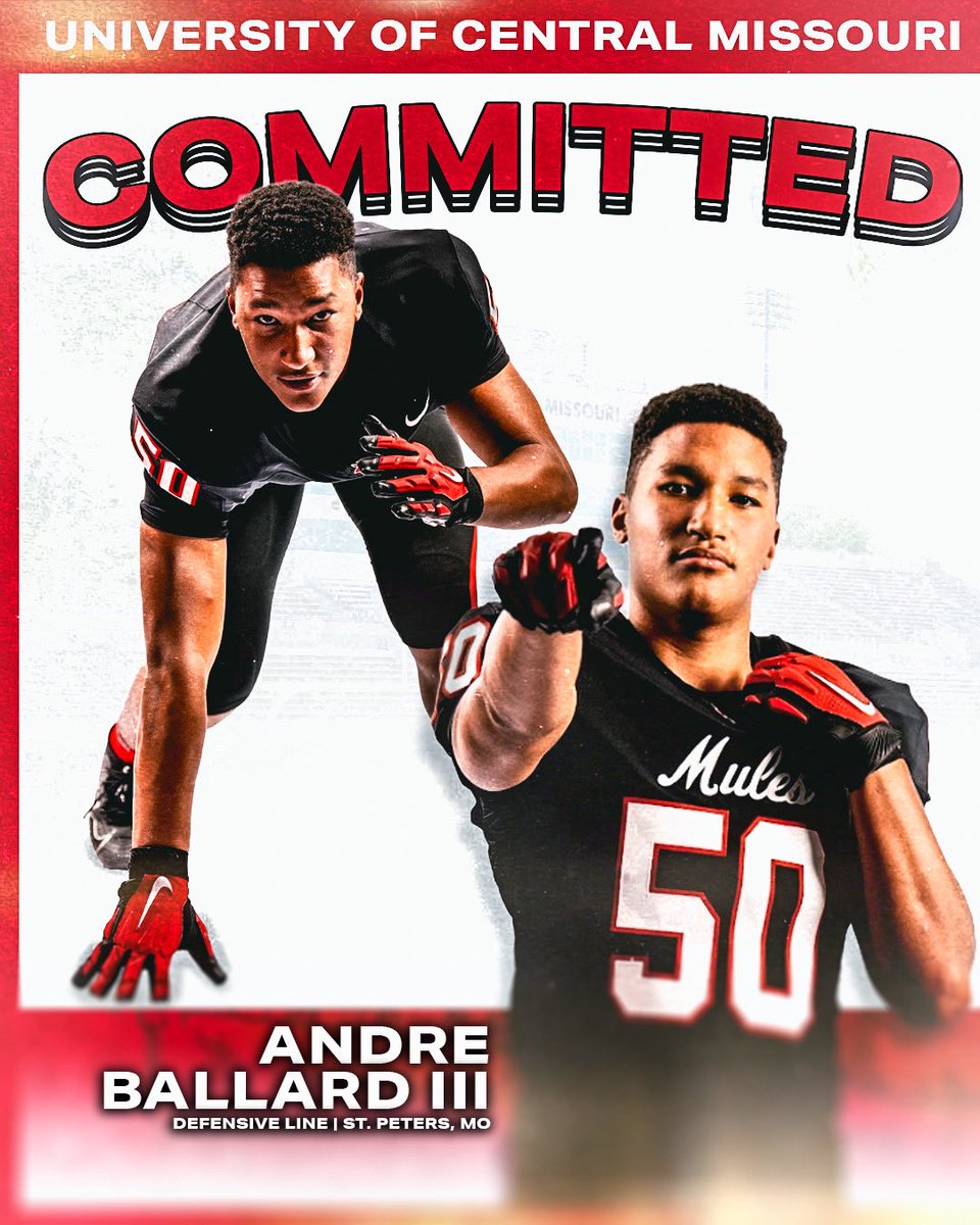 AndreBallard_05's tweet photo. After a fantastic conversation with @CoachWrightD and @JoshLamberson . I am excited to announce my commitment to the University of Central Missouri where I will be continuing my football and academic career. #AGTG #GoMules https://t.co/B2fo2sqwwT