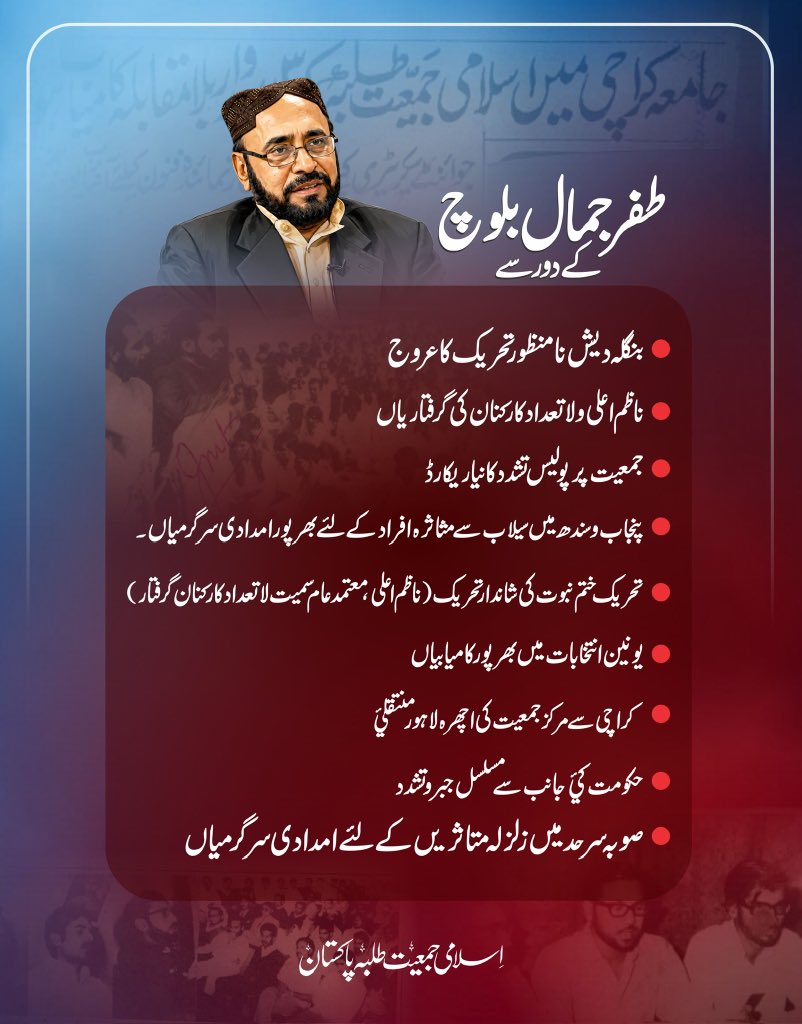 JamiatPK's tweet photo. یومِ وفات | 30 جون 2016ء

ظفر جمال بلوچؒ
سابق ناظمِ اعلیٰ، اسلامی جمعیت طلبہ پاکستان
بانی تحریکِ تحفظِ ختمِ نبوت

اخلاص، استقامت اور خدمت سے بھرپور زندگی ہمیشہ یاد رکھی جائے گی۔

اللہ تعالیٰ مرحوم کی مغفرت فرمائے، درجات بلند فرمائے اور جنت الفردوس میں اعلیٰ مقام عطا فرمائے۔ آمین۔

#JamiatPK #ZafarJamalBaloch