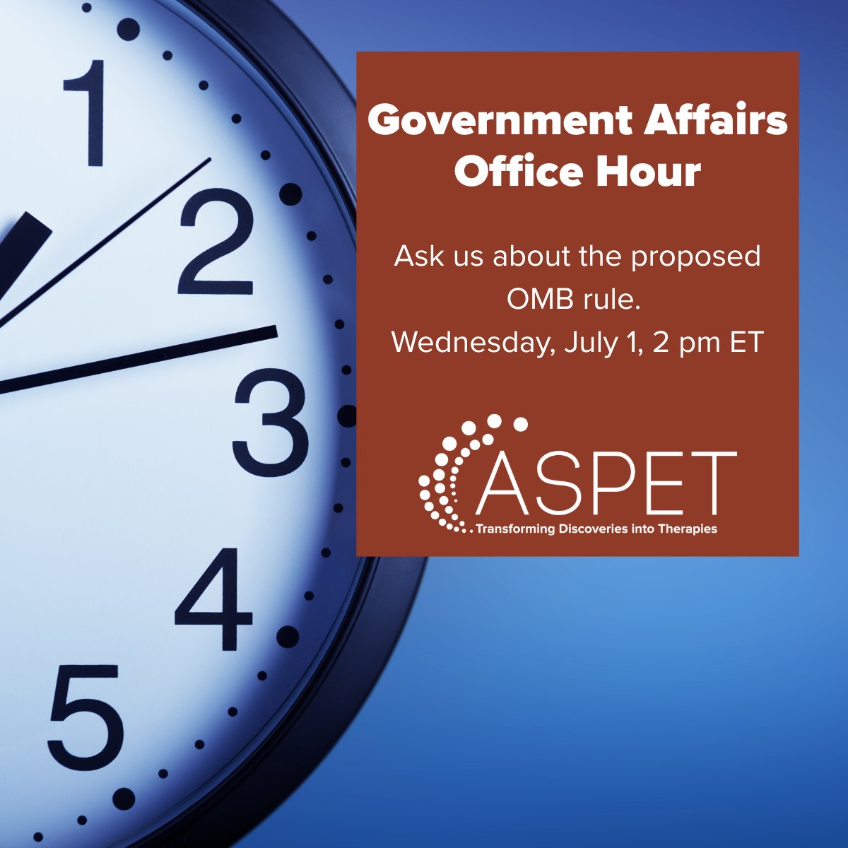 ASPET's tweet photo. 📅 Wed., July 1, 2 pm ET: Join ASPET's Government Affairs Staff for an informal office hour about the proposed OMB rule. Whether you have questions about the rule itself, its implications, or how you can submit comments, please join us! Register: https://t.co/rnwkYtv5UB https://t.co/pqLTeBjQE8