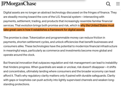 BitcoinMagazine's tweet photo. JUST IN: JPMorgan on the Clarity Act: "The United States must take great care in how it establishes a framework for digital assets."

"The promise is clear." https://t.co/gqVse4GKFy