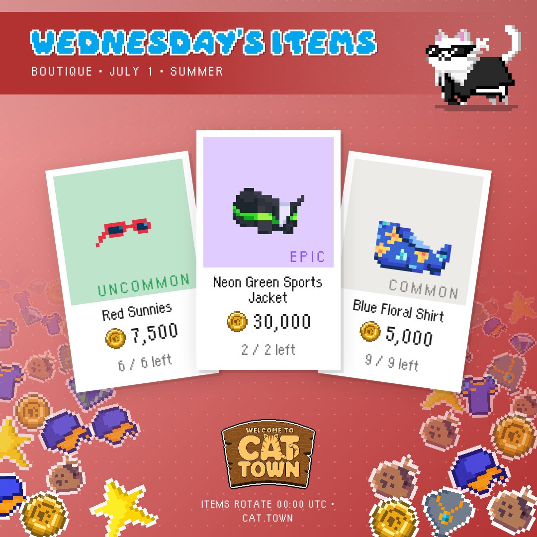 CatTownBase's tweet photo. Karl's just put out Wednesday's items at Feline Fine 🛍️

🐾 Get your paws on:
⭐ Red Sunnies
⭐ a Neon Green Sports Jacket
⭐ a Blue Floral Shirt

Karl's clock is ticking. https://t.co/WTIIEu85ao