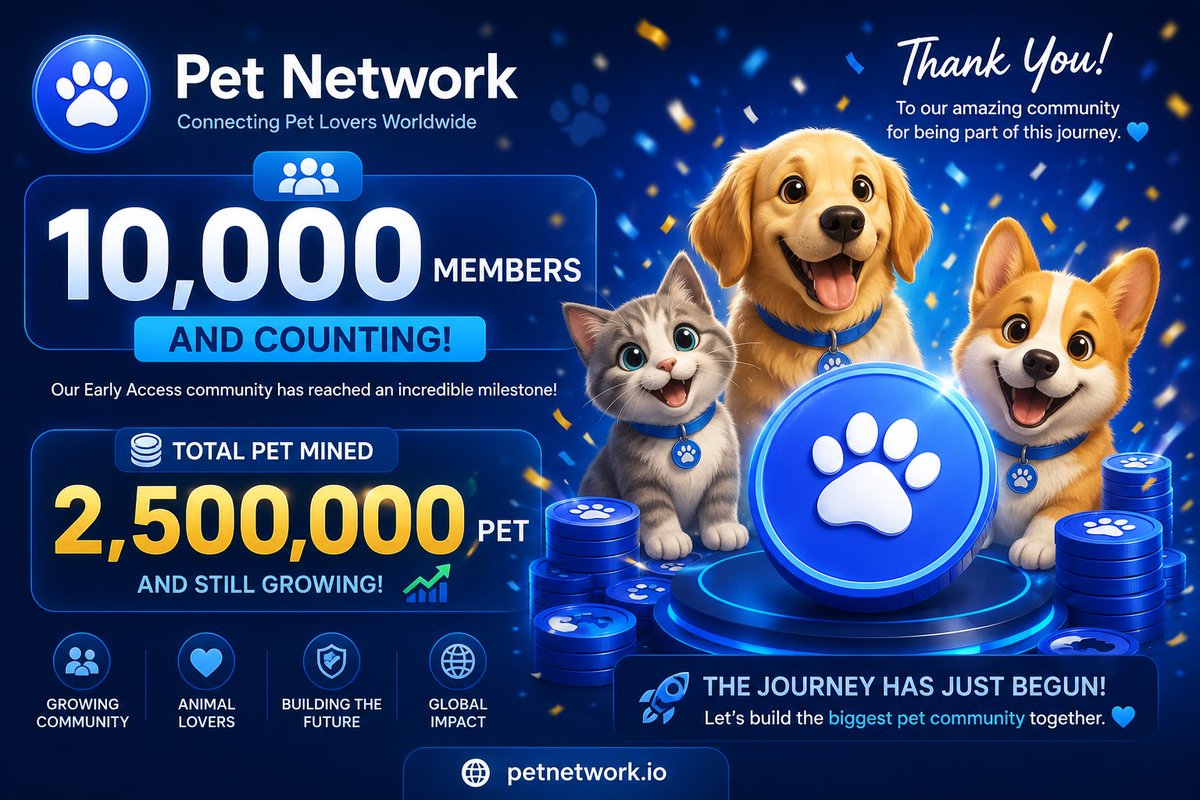 petnetworkteam's tweet photo. 🎉 10,000 Members Strong! 🎉

🐾 The Pet Network community has officially surpassed 10,000 members!

💎 Together, we've already mined over 2,500,000 PET and we're just getting started.

🌐 https://t.co/HpkgKVxqEp

Thank you to every member who joined us early, invited friends, and helped grow our community of animal lovers worldwide. ❤️

The journey has only begun. More users, more features, more opportunities.

#PetNetwork #PETToken #AnimalLovers #PetCommunity #EarlyAccess