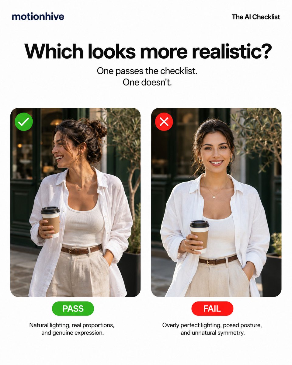 motionhives's tweet photo. The best AI images don't look perfect—they look believable.
Before you call an image "realistic," run it through a checklist:
✔️ Accurate hands
✔️ Logical clothing details
✔️ Real human interactions
#AIArt #AIImages #PromptEngineering #GenerativeAI   #Motionhive https://t.co/I7KBbURry3