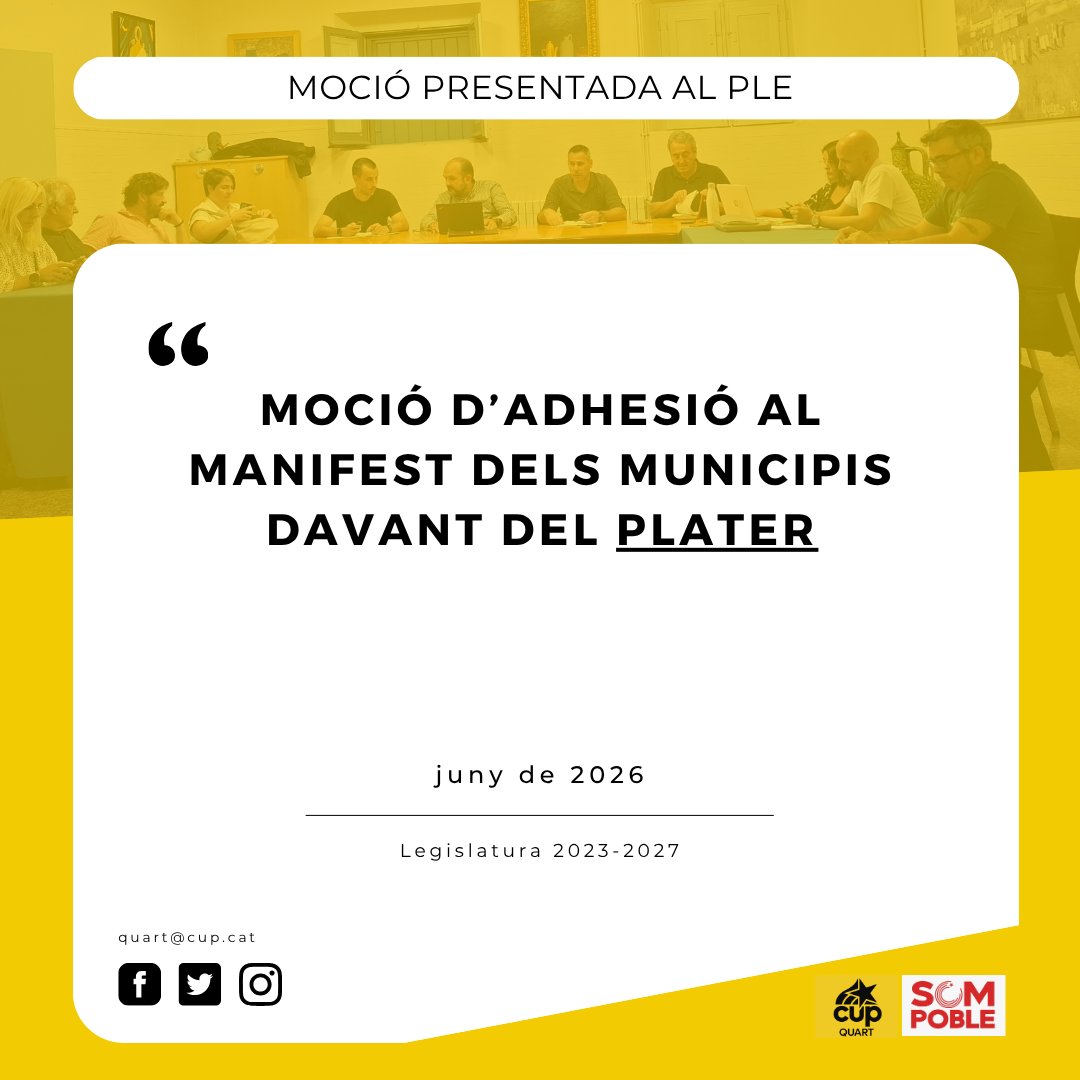 CUPQuart's tweet photo. ⚡ Sí a la transició energètica
❌ No a un PLATER imposat sense escoltar els municipis

Aquest dimarts defensarem al Ple de Quart l'adhesió al manifest de més de 250 municipis que reclamen una planificació energètica justa, distribuïda, participada i respectuosa amb el territori. https://t.co/7jyPabtmue