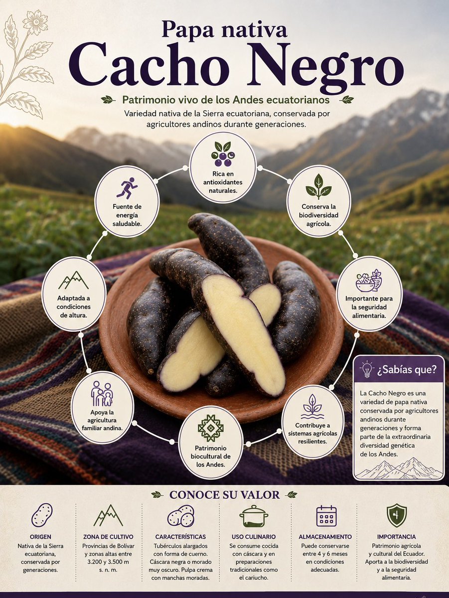 IniciativAndina's tweet photo. 🥔🖤 ¿Sabías que la papa nativa Cacho Negro es originaria del Ecuador? 🇪🇨

Su forma alargada y su cáscara de color negro o morado oscuro la hacen única. 🌱 Además de su delicioso sabor, conservarla significa proteger nuestra biodiversidad y la seguridad alimentaria.

#papanativa https://t.co/qmISAnNI6G