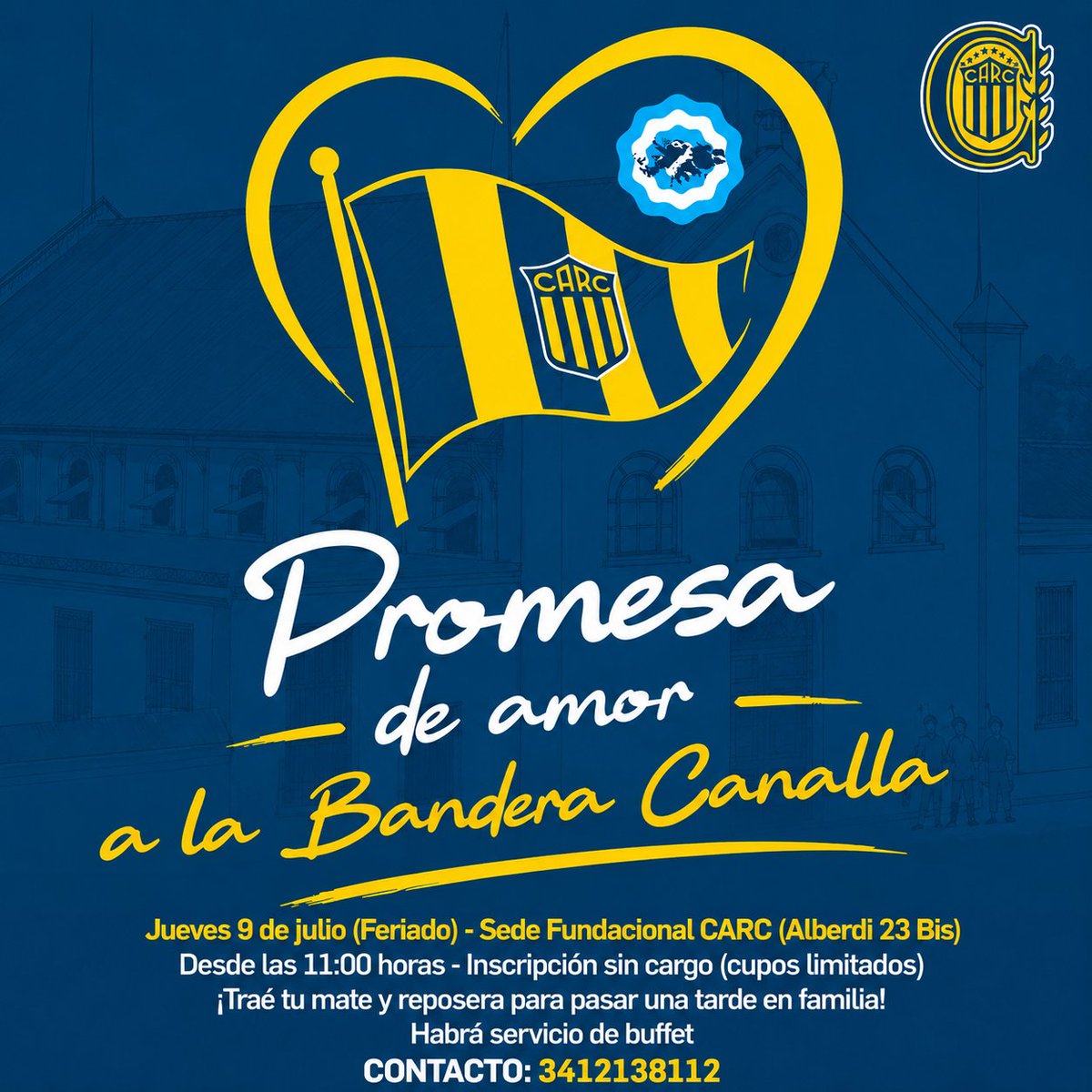 CARCFundacional's tweet photo. Te invitamos a vivir el Segundo Encuentro de Promesa de Amor a la Bandera Canalla* 🇺🇦

📆Jueves 9/7 (Feriado) a las 11 hs en la Sede Fundacional 

🍔 Sevicio de Buffet. Trae tu reposera y mates para disfrutar del evento en Familia.

📌 Inscripción 

Tel : 341 213-8112 https://t.co/XE6BucR9At