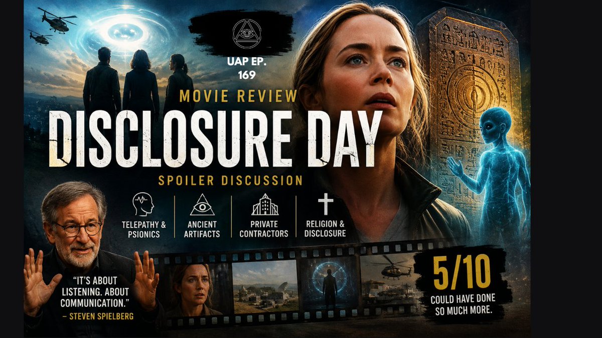 UAPthePodcast's tweet photo. 🎬 We reviewed Disclosure Day

Spielberg brought telepathy, remote viewing, psi, ancient artifacts, private contractors, and religion into a mainstream UFO film.

We wanted him to go deeper.

Our verdict: 5/10.

Maybe the first true "Disclosure Disney" movie. 👽🛸 https://t.co/j7AEsI14As