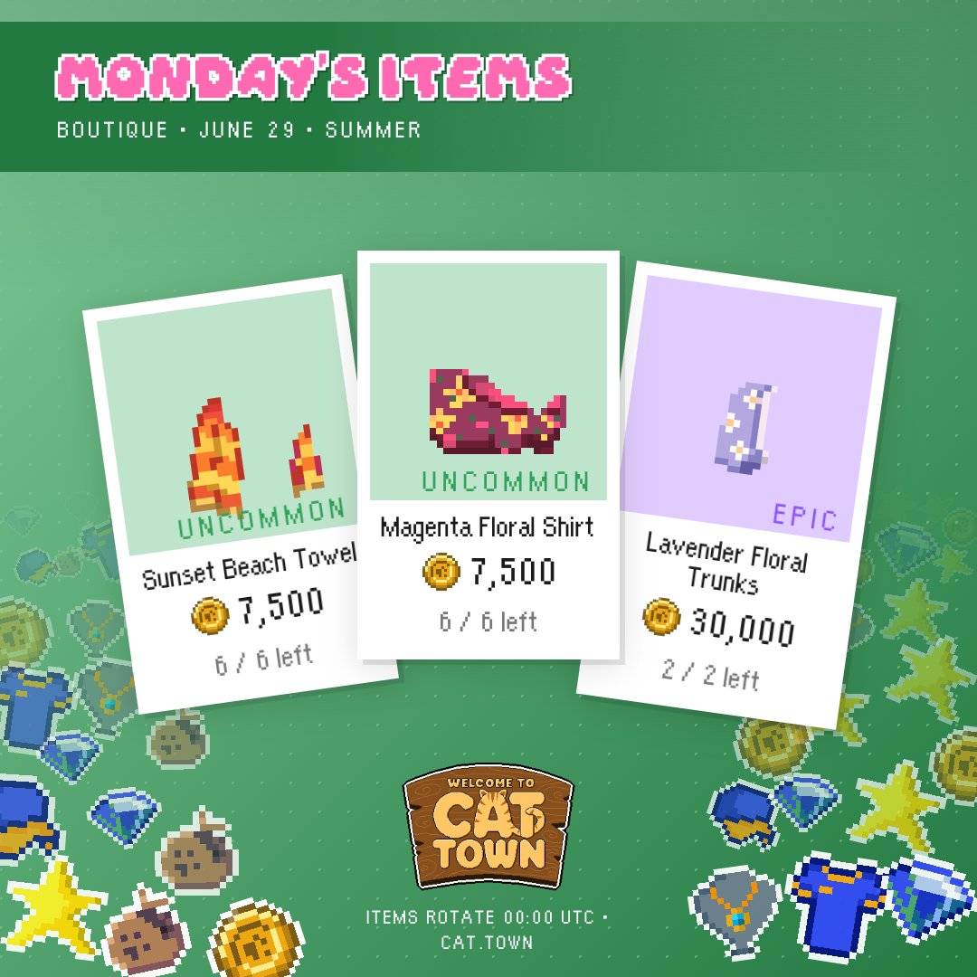 CatTownBase's tweet photo. Karl's just put out Monday's items at Feline Fine 🛍️

🐾 Get your paws on:
⭐ a Sunset Beach Towel
⭐ a Magenta Floral Shirt
⭐ Lavender Floral Trunks

Catch them while you can! https://t.co/XLsIpHOjcf