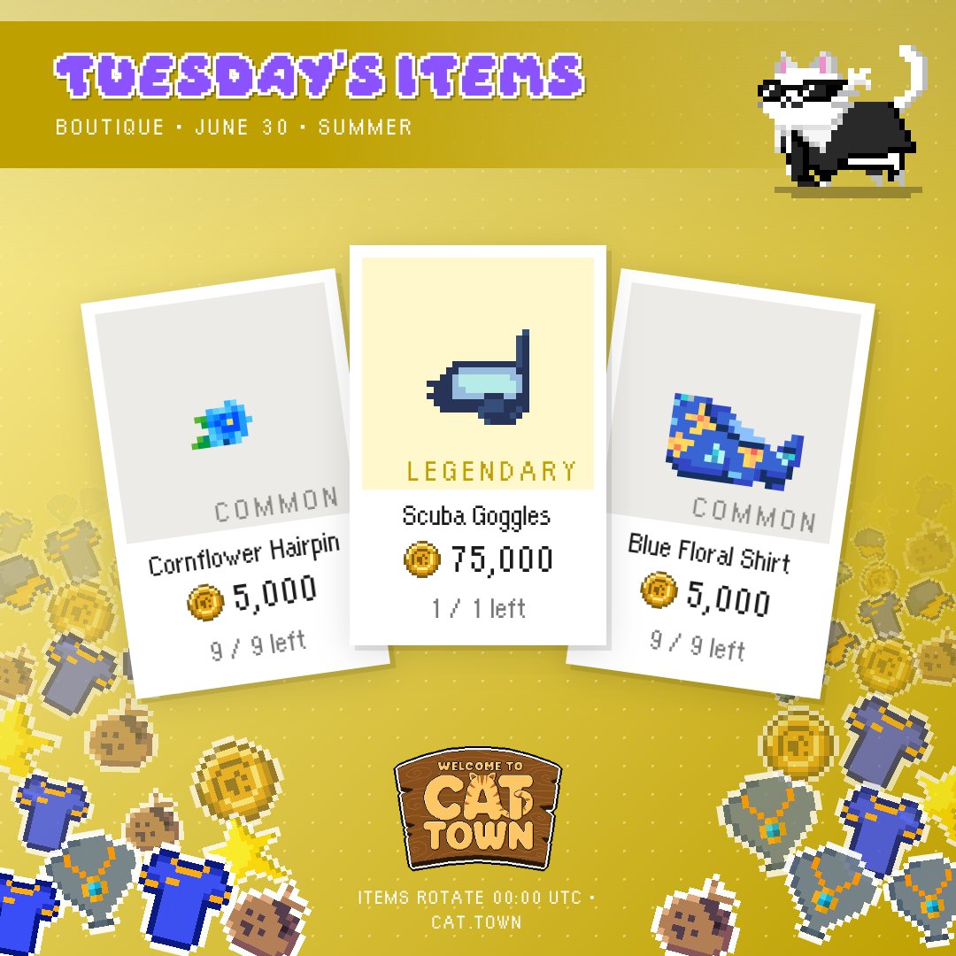 CatTownBase's tweet photo. Karl's just put out Tuesday's items at Feline Fine 🛍️

🐾 Get your paws on:
⭐ a Cornflower Hairpin
⭐ Scuba Goggles
⭐ a Blue Floral Shirt

Before they swim away. https://t.co/aE1f1ug0Gv