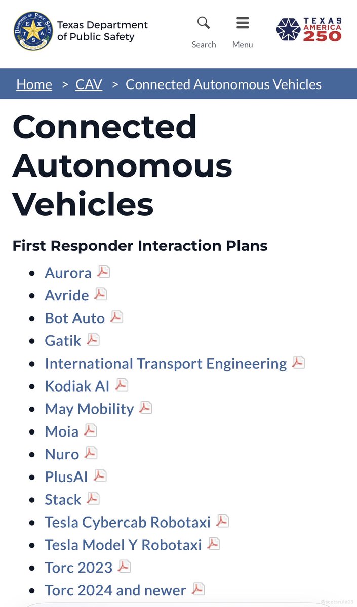 scotsrule08's tweet photo. 🚨 BREAKING: Texas DPS has officially added the Tesla Cybercab Robotaxi to their Connected Autonomous Vehicles First Responder Interaction Plans page.

This is a significant milestone. Cybercab launch in Texas is getting very close. https://t.co/btkE5EMOKP