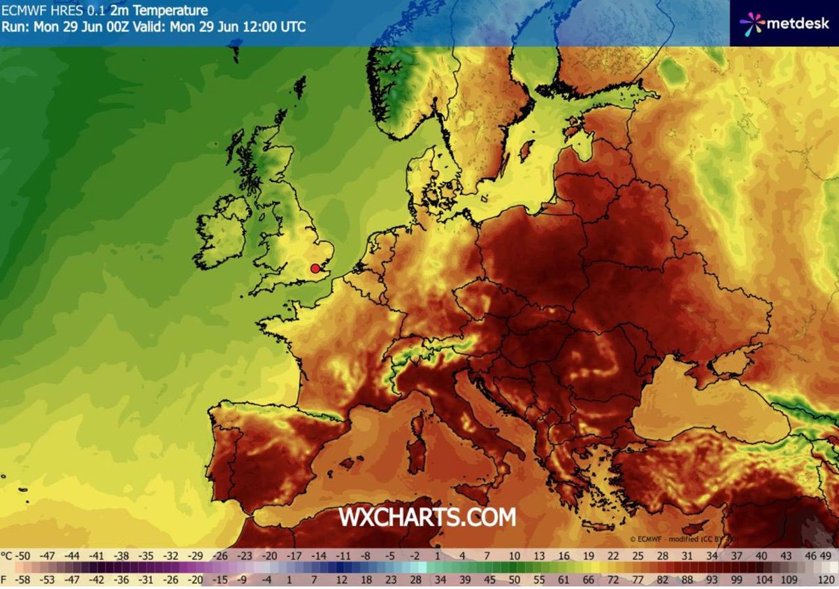jakubwiech's tweet photo. Mili Państwo, podsumujmy drugą europejską falę upałów w tym roku:

🇦🇹Austria - 40 st. C, rekord w historii czerwcowych pomiarów
🇨🇿Czechy - 41,1 st. C, rekord w historii pomiarów 
🇩🇰Dania - 36,6 st. C, rekord w historii pomiarów 
🇫🇷Francja - najcieplejszy dzień w historii pomiarów (24 czerwca)
🇪🇸Hiszpania - najcieplejszy dzień w historii pomiarów (24 czerwca)
🇩🇪Niemcy - 41,7 st. C, rekord w historii pomiarów
🇵🇱Polska - 40,5 st. C, rekord w historii pomiarów
🇭🇺Węgry - 40,7 st. C, rekord w historii czerwcowych pomiarów
🇬🇧Wlk. Brytania - 37,3 st. C, rekord w historii 

To tylko te najważniejsze z rekordów, padły też inne.

Klimatolodzy - np. prof. Malinowski, prof. Karaczun czy prof. Mann - mówią wprost: ta fala upałów jest wprost związana z antropogenicznym globalnym ociepleniem i spalaniem paliw kopalnych; bez tych zjawisk nie przybrałaby takiej formy. 

To wszystko następuje w sytuacji, w której w Polsce mamy 3x więcej dni upalnych niż w czasach młodości naszych rodziców, a 11 ostatnich lat to 11 najcieplejszych lat w historii globalnych pomiarów. 

Czy możemy już uznać, że z naszym klimatem dzieje się coś złego?