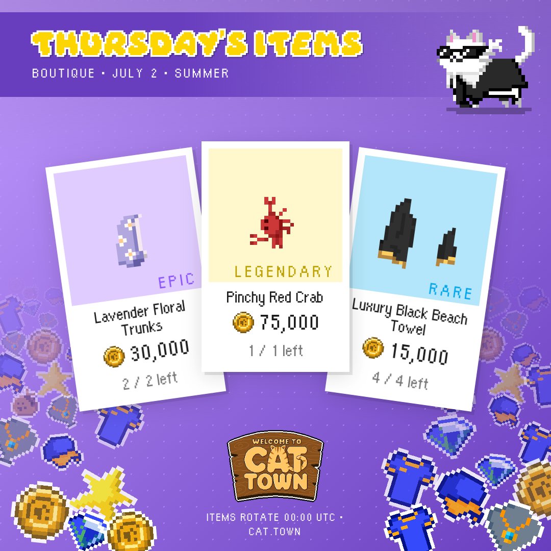 CatTownBase's tweet photo. Karl's just put out Thursday's items at Feline Fine 🛍️
🐾 Get your paws on:
⭐ Lavender Floral Trunks
⭐ a Pinchy Red Crab
⭐ a Luxury Black Beach Towel

Before they pinch off. https://t.co/nvuwem6q5i