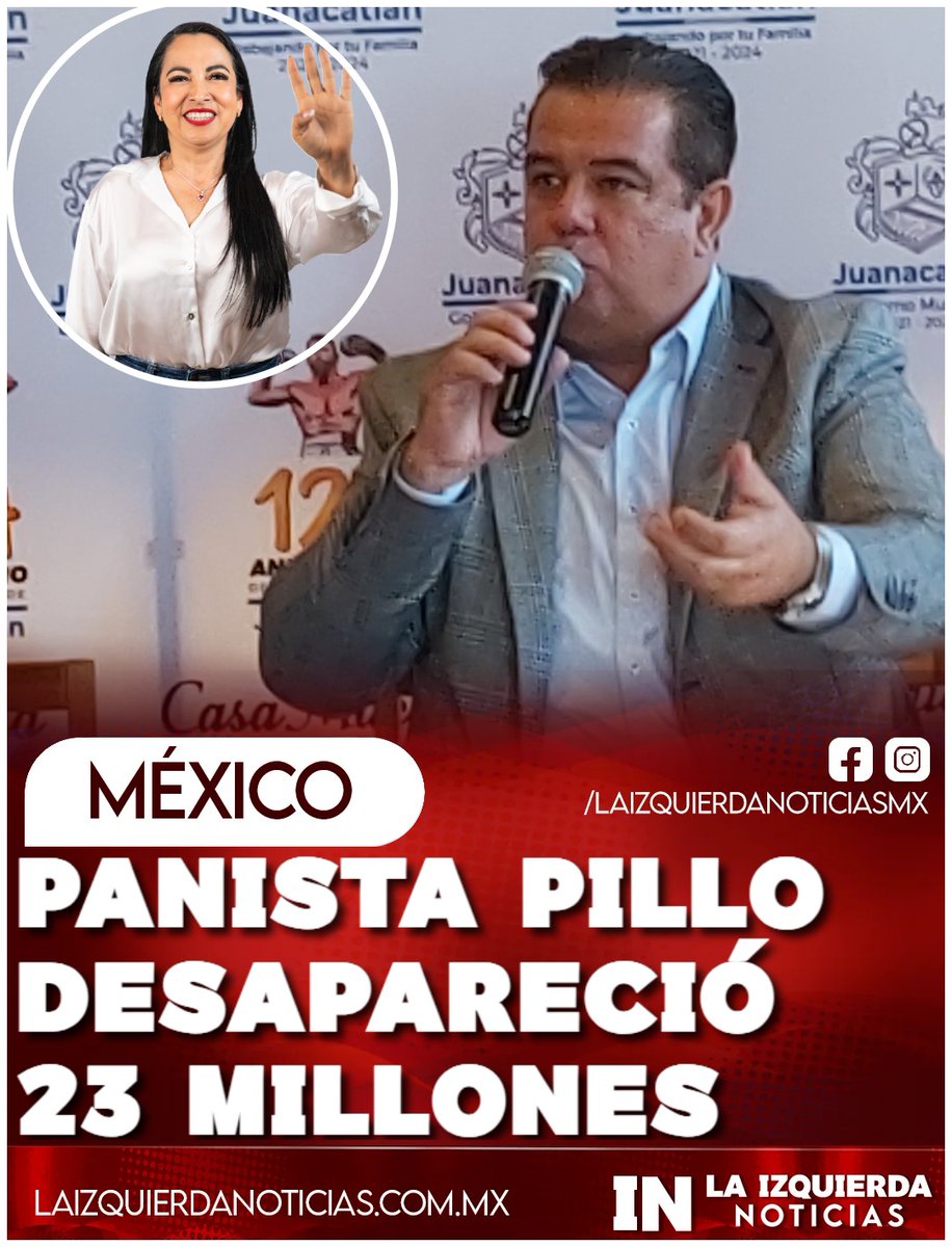 IzqNoticiasMx's tweet photo. OTRO MÁS A LA LISTA. La presidenta municipal de Juanacatlán, Ana Rosa Vergara, denunció presuntas irregularidades cometidas por el panista Francisco de la Cerda Suárez, superior a los 23 millones de pesos, que representa el 20 por ciento del presupuesto, que debieron ser destinados a obras públicas, servicios de agua potable, seguridad y programas de bienestar. Ya fueron presentadas cuatro denuncias ante la Fiscalía Anticorrupción y la Fiscalía del Estado por otras presuntas irregularidades detectadas en el proceso de revisión de la administración anterior.