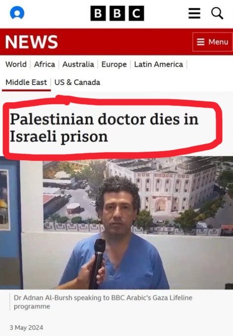 Jvnior's tweet photo. A Palestinian doctor was literally raped to death by Israel… and this is how the BBC reported it.

It says “Palestinian dies in Israeli prison.”

These headlines are made to protect israel. https://t.co/TvqXWEAMeU