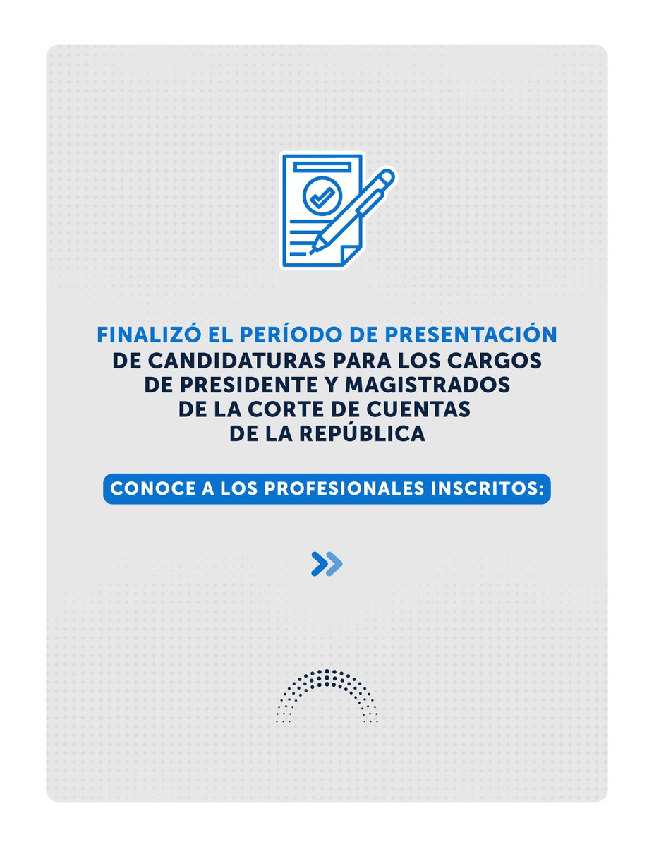 AsambleaSV's tweet photo. Continuamos cumpliendo, con transparencia, los procesos de elección de segundo grado. 

Ha finalizado el plazo legal para recibir solicitudes de aspirantes a magistrados de la @CortedeCuentas.

Conoce a los profesionales que presentaron sus documentos: https://t.co/bMEoiR4Hzf