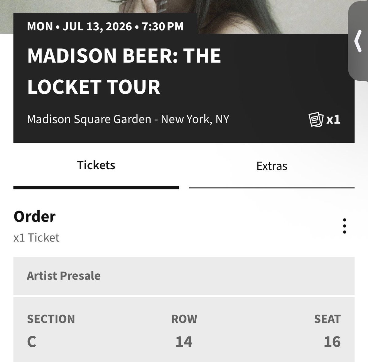 meagangrande's tweet photo. selling 1 floor ticket to madison beer's locket tour at msg on july 13th. willing to sell for fv ($178) 🤍 paypal g&amp;s!!! 

#madisonbeer #thelockettour https://t.co/DqdXLWgsP2