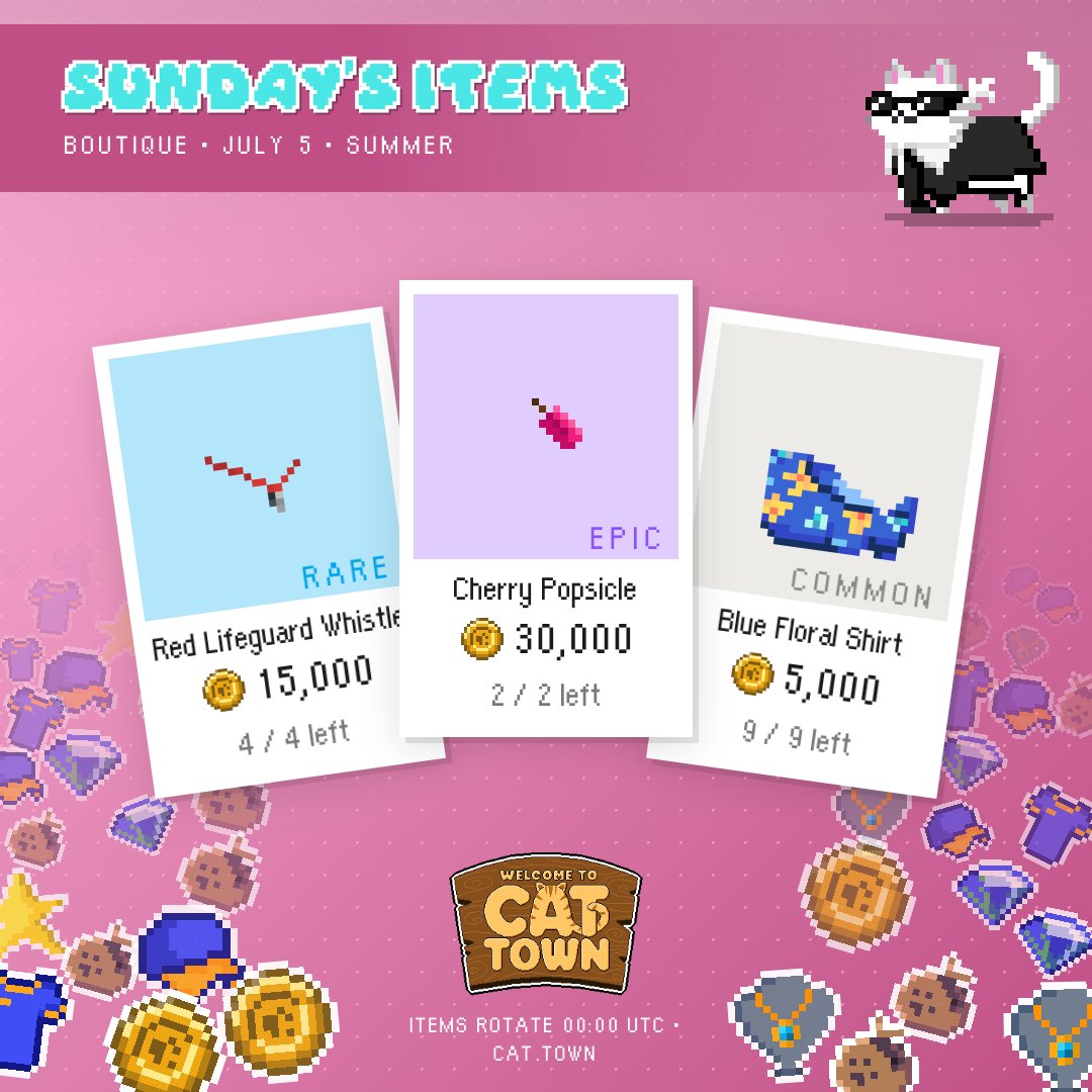 CatTownBase's tweet photo. Karl's just put out Sunday's items at Feline Fine 🛍️
🐾 Get your paws on:
⭐ a Red Lifeguard Whistle
⭐ a Cherry Popsicle
⭐ a Blue Floral Shirt

Take a closer look before they walk. https://t.co/IVj7Rf6kr7