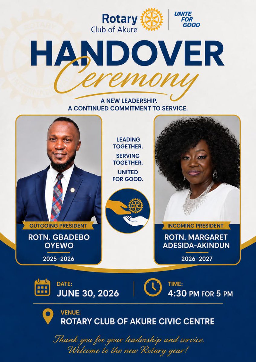 RotaryAkure's tweet photo. Join us as the Rotary Club of Akure celebrates the transition of leadership, appreciating Rotn. Gbadebo Oyewo for his dedicated service and welcoming Rotn. Margaret Adesida-Akindun as President for the 2026–2027 Rotary year. https://t.co/BXp4ZMN25x