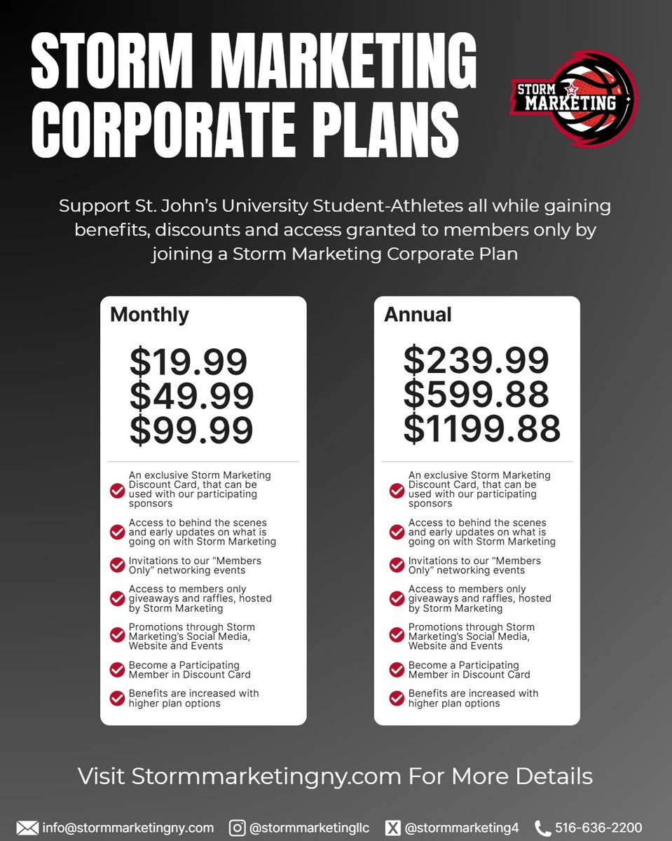 StormMarketing4's tweet photo. Looking for a way to grow your business while supporting St. John's Student-Athletes?

Look no further than the Storm Marketing Corporate Plans

Visit https://t.co/cTCAQ39qpN today to join!

#StJohns #RedStorm #WeAreNewYorksTeam https://t.co/mvSB6jQRiJ