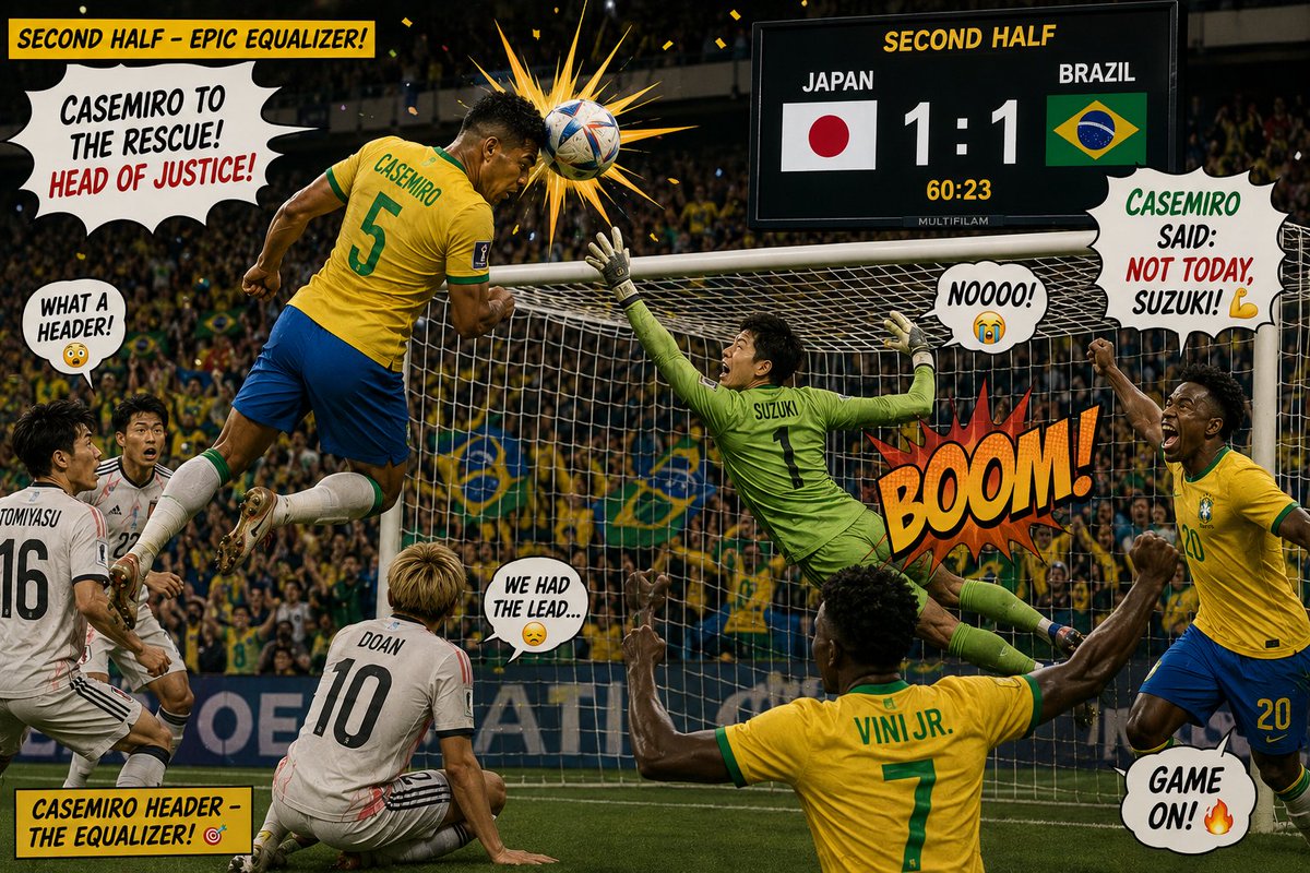 EUrozaliyev's tweet photo. 🎯 Casemiro's header.
🧤 Suzuki stretched... but couldn't stop it.
🇯🇵 Japan 1-1 Brazil 🇧🇷
Momentum has completely shifted! 👀🔥
#Brazil #Japan #Casemiro #Goal #Football #Soccer https://t.co/JLz3zfFBHx