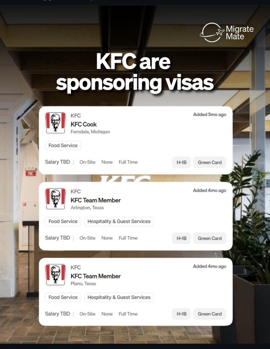 CyberGreen09's tweet photo. Failing Kentucky Fried Chicken @kfc is sponsoring roles for H-1B and Green Cards. Sponsored roles include: 
KFC Cook in Ferndale, MI 
KFC Team Member in Arlington, TX and Plano, TX
None are specialty occupations that Americans can’t fill. KFC has 1,100+ locations in India. https://t.co/vccArDZz51