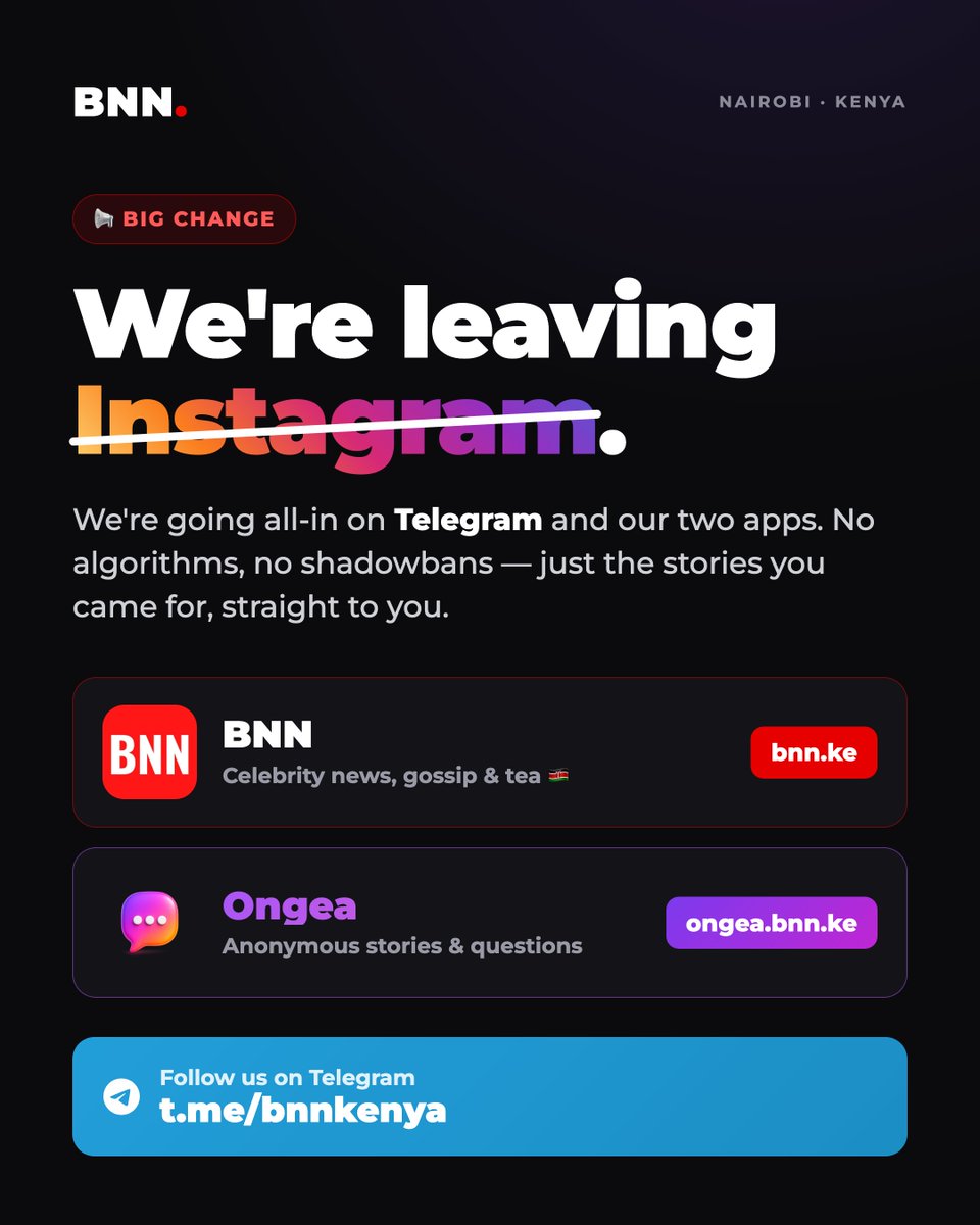edgarobare's tweet photo. 📢 We're leaving Instagram.
After a long run, we're closing the IG chapter and going all-in where it actually matters: Telegram and our own two apps, #bnn and #ongea. No algorithms, no shadowbans, no "we limited who saw this post." Just the stories you came for, delivered straight to you.
Here's where to find us now 👇:
📰 BNN — https://t.co/ckLnF6p5lO
Kenya's celebrity news, gossip & tea 🇰🇪.
🗣️ Ongea — https://t.co/fzbTl3q78G
Send & read anonymous stories and questions. Say what you can't say anywhere else.
💬 Follow us on Telegram: https://t.co/KNCSveP3wQ
This is our last stop on the 'gram. Tap the link, save the sites, and come hang out where the real conversation is. @edgarobare
#goodbye #bnnbasic #bnnpremium
