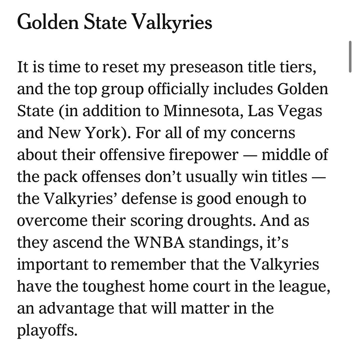 valkyriesreport's tweet photo. The @nytimes power rankings are out this morning and the Valkyries 🟣⚫️ have climbed  2 spots this week to 📈3️⃣ (last week 5th) https://t.co/oBXYX4u3tB