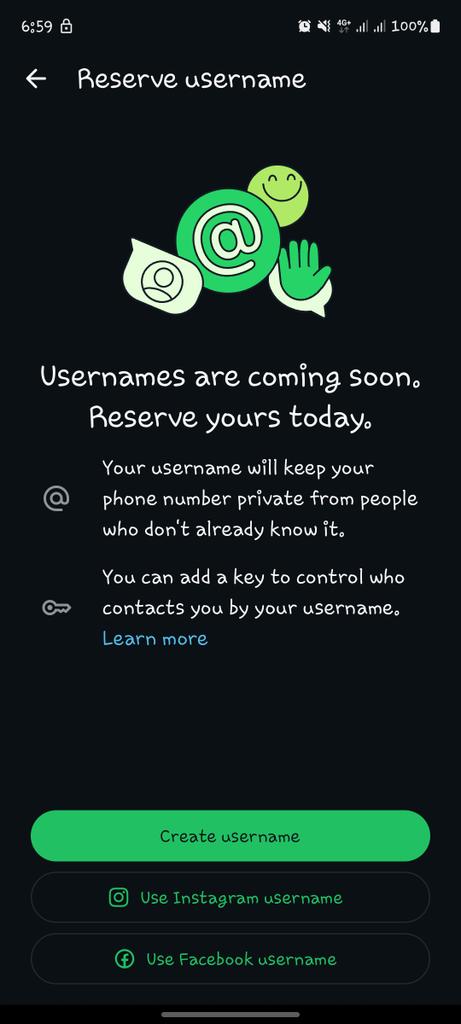 Entroopyyy's tweet photo. Usernames are coming to #whatsapp

Tut on how to reserve yours?? https://t.co/iZ8DfQDSKk