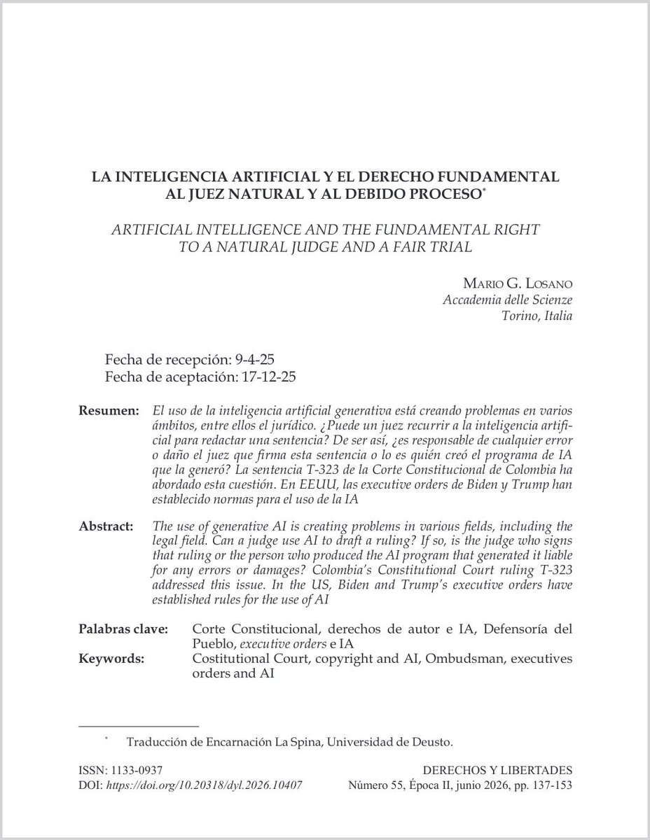 DeryLib's tweet photo. 📘 #RevistaDerechosyLibertades n.º 55 (2026) @idhbc_uc3m @uc3m @dykinsonlibros

📣 Hoy en la sección #Artículos ✍🏼 “La inteligencia artificial y el derecho fundamental al juez natural y al debido proceso” de #MarioLosano

⬇️ ¡Léelo aquí! ⬇️ #OpenAccess
🔗 https://t.co/AWS01GNVpQ https://t.co/TX2zytuagf