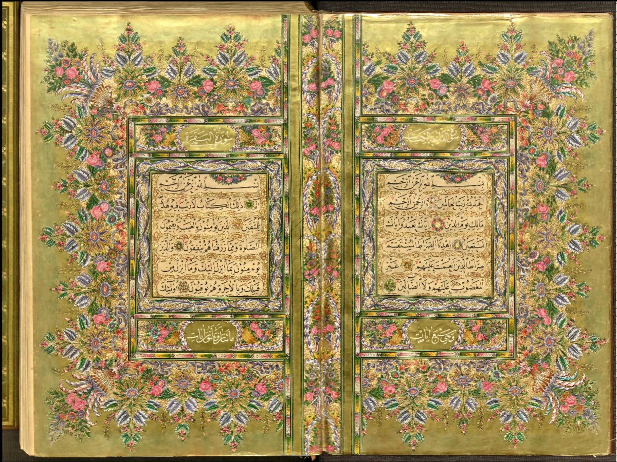 MeftunDalli's tweet photo. #Ayasofya Camii’nin 7,5 m çapındaki devasa Lafzatullah, İsm-i Nebî ve Çehâr Yâr-i Güzîn (Hz Ebubekir, Hz Ömer, Hz Osman ve Hz Ali) levhalarını yazan #Kastamonu Tosyalı hattat Kazasker Mustafa İzzet Efendi'nin 1259/1843 yılında istinsah ettiği ve #SultanAbdülaziz'in annesi Pertevniyâl Sultan tarafından alınarak 1285/1868 yılında vakfedilen mushafın serlevhaları.