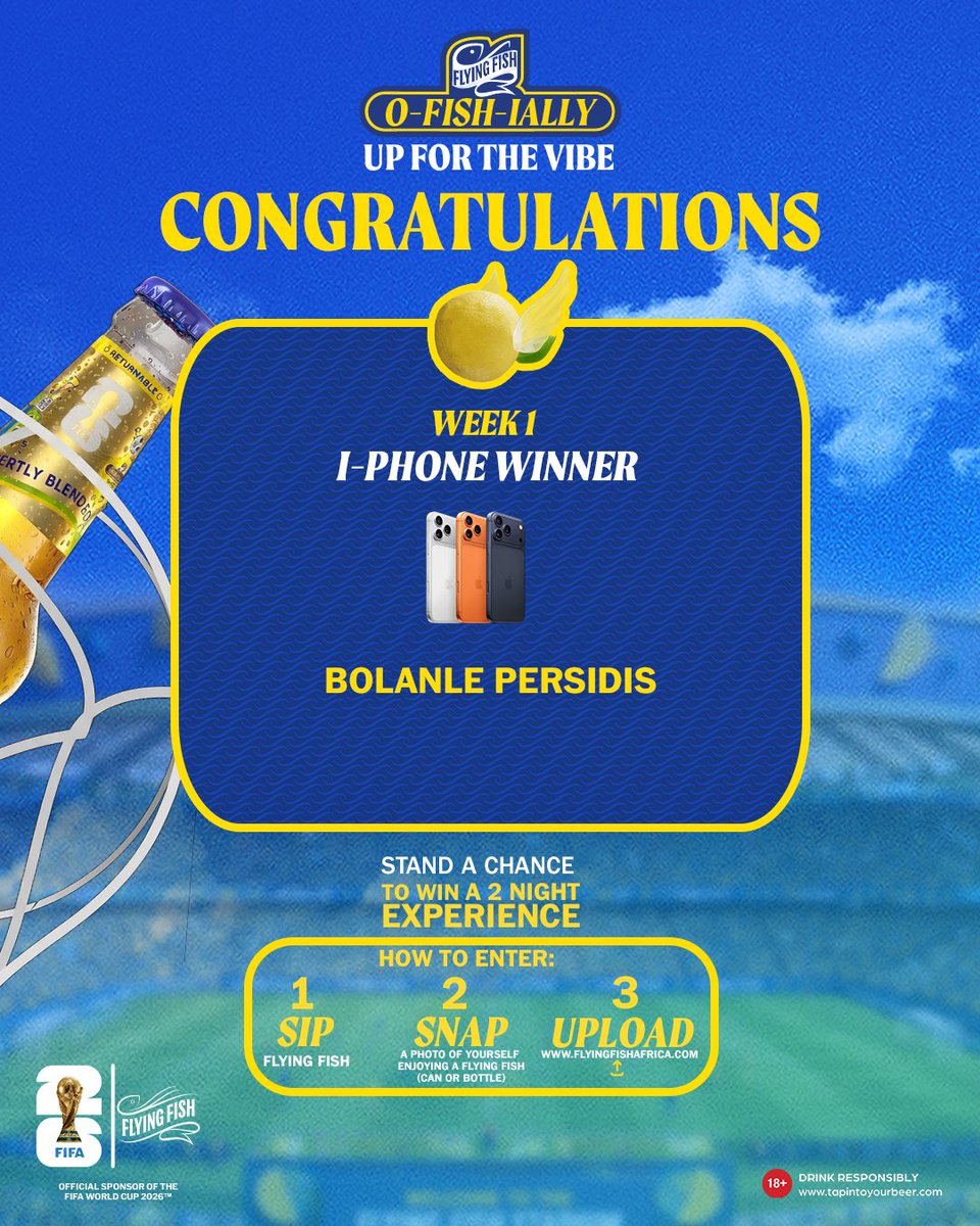 flyingfishng's tweet photo. Last week’s winners came, saw, and got good surprises. 🥳🍋

Now it’s your turn! Join this weekend’s LIVE Draw for another shot at surprisingly good wins.

#FlyingFishFWC26 
#FIFAWorldCup26 
#FlyingFishNG https://t.co/yBEm51ym2O