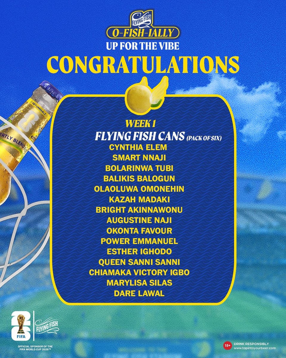 flyingfishng's tweet photo. Last week’s winners came, saw, and got good surprises. 🥳🍋

Now it’s your turn! Join this weekend’s LIVE Draw for another shot at surprisingly good wins.

#FlyingFishFWC26 
#FIFAWorldCup26 
#FlyingFishNG https://t.co/yBEm51ym2O