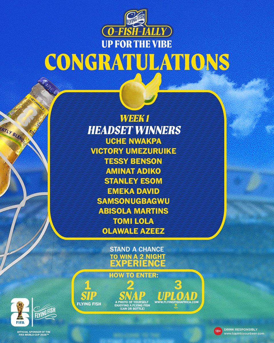 flyingfishng's tweet photo. Last week’s winners came, saw, and got good surprises. 🥳🍋

Now it’s your turn! Join this weekend’s LIVE Draw for another shot at surprisingly good wins.

#FlyingFishFWC26 
#FIFAWorldCup26 
#FlyingFishNG https://t.co/yBEm51ym2O