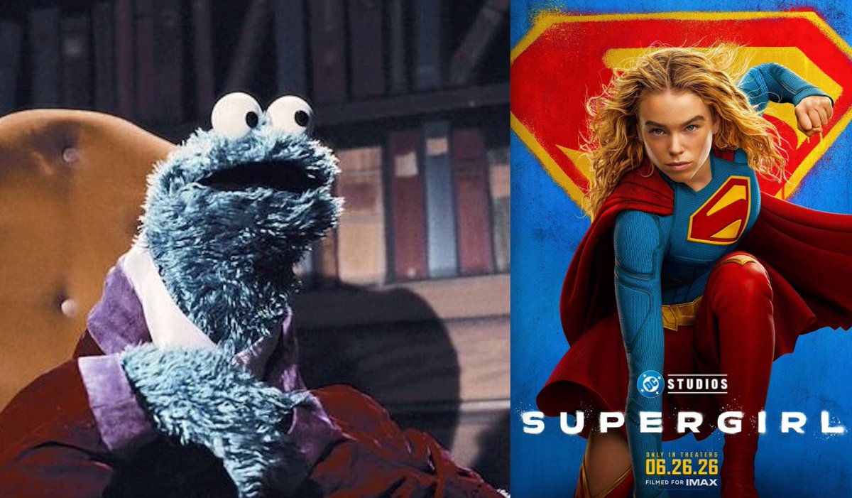 f_CookieMonster's tweet photo. Cookie Monster movie review: Supergirl (2026)

Monster apologize for lengthy highatus but lets just say me pick terruble time to book Strait of Hormuz cruise. However, me back and ready to watch de hottest movie of 2026!

Unfortunately, on way to see Backrooms, Monster wander thru wrong doorway, end up in screening of Supergirl, and not able to find way out. So me review dat movie instead.

Movie begin wit introduktion to Supergirl, Kara, who be complete opposite of cuzin Superman. While he believe in truth, justice, and proper hygiene, she be a drunk filthier den Oscar de Grouch after St. Patrick’s Day.

We den introduced to spunky sidekick, Ruthye. She on revenge qwest against villainous brigand and bargain basement Road Warrior Krem who killed her family after dey served him blueberry pie...wit a hunting knife. Me guess they were all out of spoons. Anyway, sword-wielding kid walk into a bar…Stop Monster if you heard dis one before…Sword-wielding kid walk into a bar looking for information about Krem. Instead, someone try to steal her beloved dad sword. So Supergirl steal it back for her.

Ruthye follow Supergirl back to her space-Winnebago where Supergirl pees wit de bathroom door open. What next for DCU? Wonder Woman takes a dump? Despite Ruthye sob story, Supergirl not willing to help UNTIL….Krem (aka Half-ass Cosplay Pinhead) COINCIDENTALLY show up, steal space-Winnebago, and poison super-mutt Krypto wit slow-acting poison. Turn out to save Krypto, Supergirl have to track down antidote! And who have antidote? Why Krem of course. How lucky lucky for Ruthye. And for screenwriter who not have to go thru all de trouble of coming up wit clever plotting!

After stage-weight action sekewence wit tech pirates and a space bus dat look suspiciously like Starbug from Red Dwarf, dey go to space cantina where Supergirl gets into a fight wit alien patrons while, for some reazon, stage performer keeps singing Irving Berlin’s “Cheek to Cheek” even tho dis planet likely a billion light years from Earth. Surprisingly, dis only de second most annoying musikal-fight sekwence in dis film.

Enter Jason Momoa as cigar-chomping, motorcycle-riding Rocky Horror Pictures Show Aquaman who ALSO looking for Krem. He not interested in teaming up wit Supergirl and/or Ruthye - but Monster have a feeling de fates, and contrived script, will find a way to bring dem together in de end!

After girl-talk-slumber-party scene, we get backstory to destruktion of Krypton, a planet full of people so brilliant dey could barely cobble together two eskape spaceships between dem. Kara (aka Supergirl) sent to Earth where she meet Superman who remind Cookie Monster of Christopher Reeve...de time he show up for like tree seconds riding a bicycle in dat Bobby Brown muzik video.

Then Ruthye end up captured by Krem’s boys but fortunately she able to eskape by beating guy three times her size and weight. She free Sons of Anarky Aquaman who also, coincidentally, imprisoned wit her. Dey eskape. And immediately run into brigands!

But just when it look like Temu Klingon Krem going to kill Ruthye…SUPERGIRL COME TO DE RESKUE! However, she poisoned wit Kryptonite and getting weaker...

But just went it look like brigand going to kill her….HOT TOPIC AQUAMAN COME TO DE RESKUE! Cue movie’s most annoying musikal-fight sekewence.

But just when it look like GWAR roadie Krem going to kill Ruthye again…SUPERGIRL COME TO DE RESKUE!

And just when it look like another brigand going to kill Ruthye…SUPERGIRL COME TO DE RESKUE!

And just when it look like another brigand going to attack Supergirl…SOME RANDOM WOMAN COME TO DE RESKUE!

How many more times dis happen? Monster not remember. At dis point, even de Count give up counting.

Skyrim bandit chief Krem captured. Ruthye want revenge for her family, but Supergirl talk her out of it - so SHE can have satisfaction of killing Krem herself. Yes, Supergirl kill unarmed prisoner becuz she a bad-ass and complete opposite of Superman who never kill anyone (except all dose collateral civilians in Man of Steel).

Supergirl get antidote and save Krypto. De End.

And just in time. Monster leaving for Black Sea scuba excursion tomorrow!

VERDIKT: Drab cinematography as bleak as Kara’s soul. Action skewences as empty as de theater seats. Villain as bland as Grover’s One-Ingredient Risotto. Overall, Supergirl feel like not so much a love letter to Mad Max and Guardians of de Galaxy as a curt email.

RATING: 2.5/5 chocolate chippee cookies.
