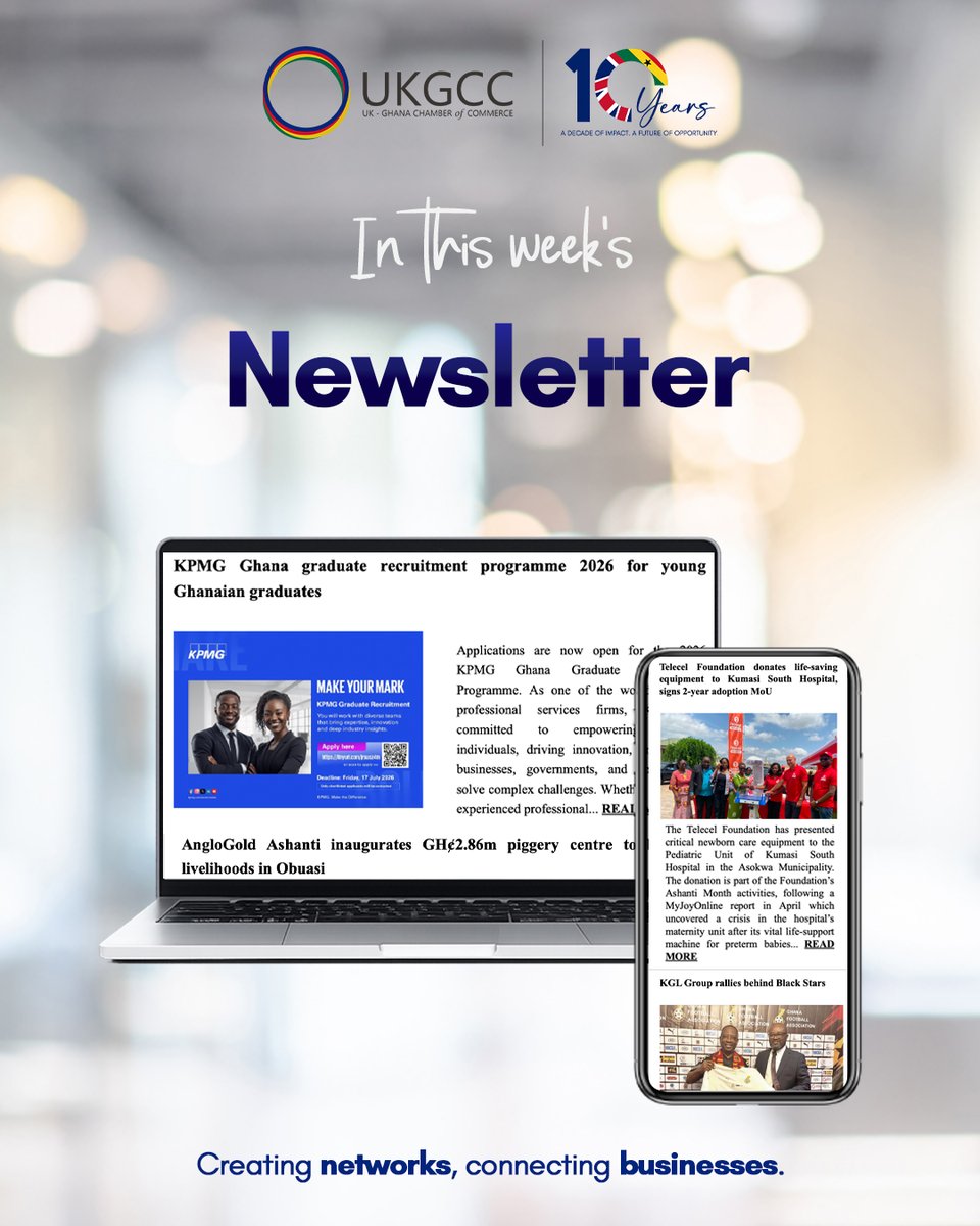 UKGCC_ACCRA's tweet photo. Your weekly UK–Ghana business updates are out. Read the latest UKGCC newsletter here: https://t.co/AriaZ0EsEp

Want your business featured in our weekly newsletter? Get in touch with us via info@ukgcc.com.gh today.

Click to join our mailing list: https://t.co/HJDIhq0Xko https://t.co/jsN8fsewZZ