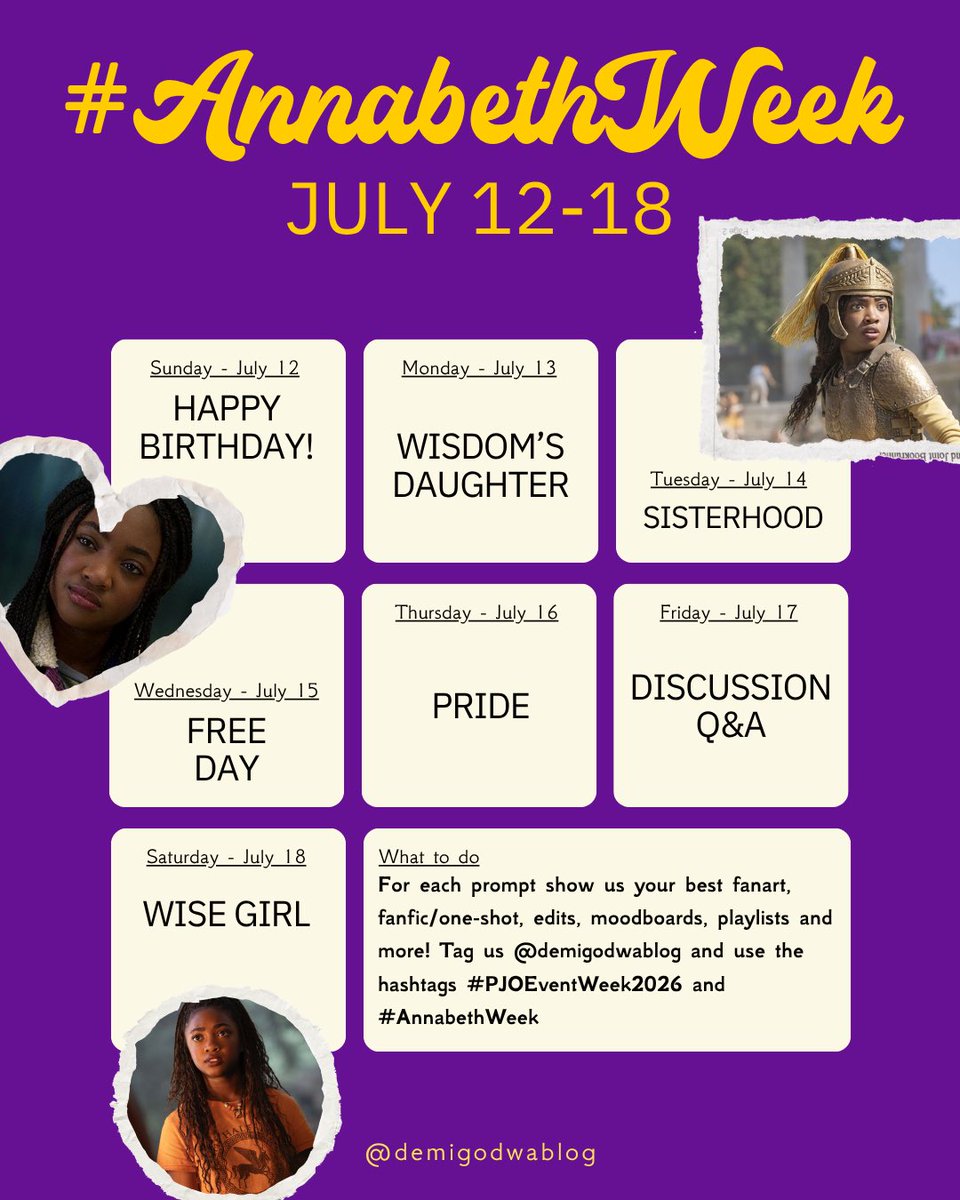 demigodwablog's tweet photo. Calling all demigods! Join us July 12-18 in celebration of #AnnabethWeek for Annabeth Chase’s birthday! For each prompt show us your best art, fics, moodboards, edits &amp; more! Tag us @demigodwablog &amp; use the hashtags #PJOEventWeek2026 &amp; #AnnabethWeek Drop any questions below! https://t.co/TKw1LWUirI