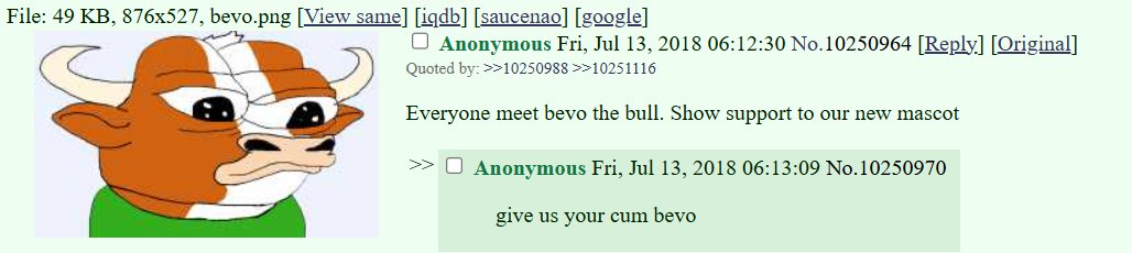 normienewton's tweet photo. This is insane.

So everyone knows Mumu The Bull.

It's actual name was called 'Bevo'.

On July 13th 2018 the user posted: "Everyone meet bevo the bull. Show support to our new mascot."

Then on July 15th 2018 it started getting mass pushed as 'Mumu The Bull'.

Even though the creator specifically called it Bevo.

Last cycle MUMU ran to 800m.

This cycle we have the real name BEVO.

Bullions.

- https://t.co/SpI7X4Cpll
- https://t.co/TgdIEZRyAm
- https://t.co/SFWyzGKiuf