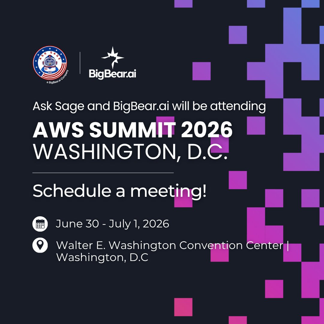 AskSageAI's tweet photo. Ask Sage and @bigbearai are heading to AWS Summit!🌟
It's a great opportunity to connect with public sector innovators about how generative AI drives mission impact.
Reach out to sales@asksage.ai to schedule a meeting!
#AskSage #BBAI #AWSSummit #GenAI https://t.co/XBELGUGep2