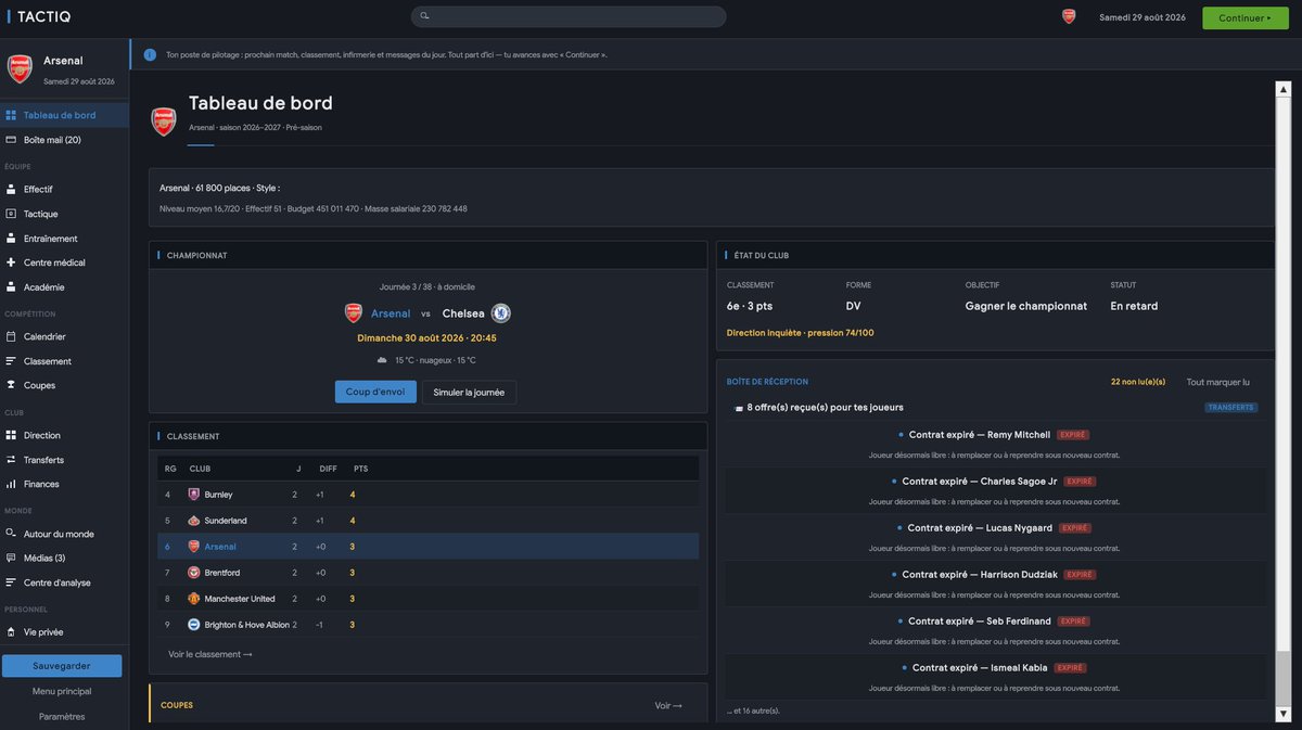 tactiqgame's tweet photo. 📊 Tableau de bord
Le tableau de bord est le centre de pilotage de votre club.
C’est ici que vous retrouvez les informations essentielles pour avancer dans votre carrière : prochain match, classement, état du club, pression de la direction, boîte de réception, alertes importantes et décisions du jour.

L’objectif est simple : vous donner une vision claire de la situation avant chaque journée. Préparer le prochain match, surveiller les objectifs, gérer les urgences et garder le contrôle sur l’évolution du club.