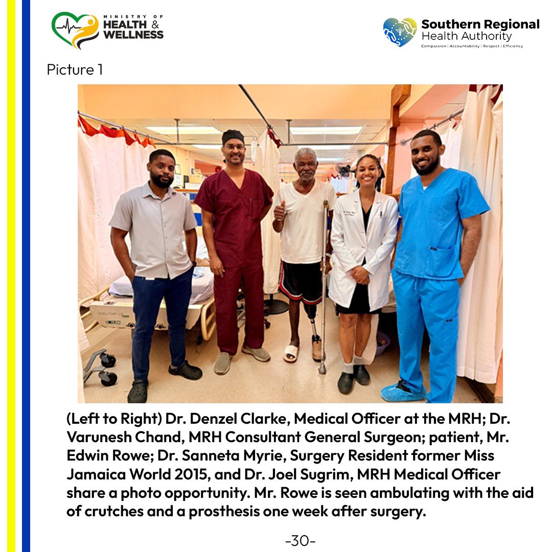 SRHAJamaica's tweet photo. Mandeville Regional Hospital is celebrating a major surgical success after its team performed a complex bypass procedure that saved Mr. Edwin Rowe’s only remaining lower limb from amputation. https://t.co/FhUBJkgHlR