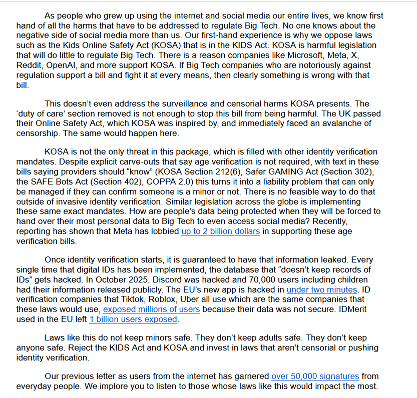 omarsbigsister's tweet photo. An open letter against the KIDS Act and KOSA, signed by people of all walks of life and including minors

@BenBrodyDC 

https://t.co/JmpQZW5LBC https://t.co/0XqWLLlJZ8
